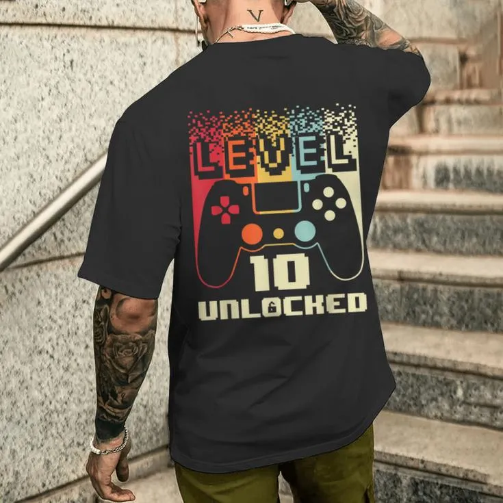 10Th Birthday For Boys Level 10 Unlocked Gamer 10 Year Old Men's T-shirt Back Print