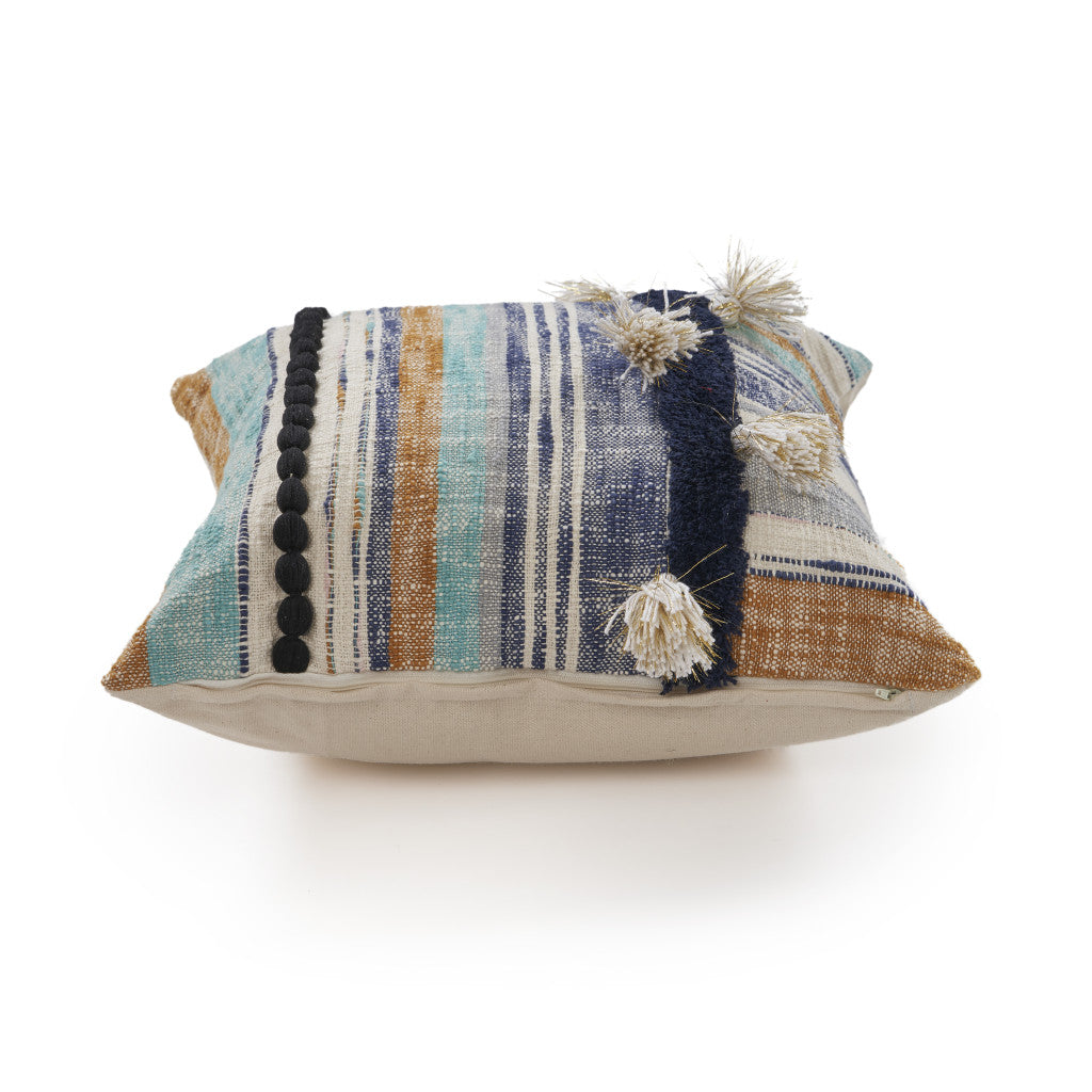 18 X 18 Blue and Beige Patchwork Cotton Zippered Pillow With Tassels