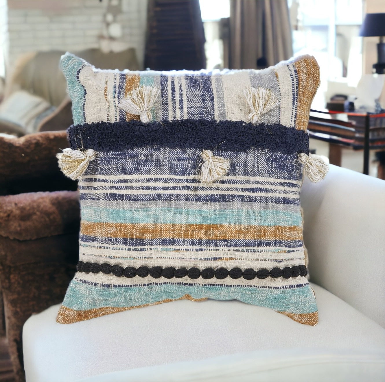 18 X 18 Blue and Beige Patchwork Cotton Zippered Pillow With Tassels