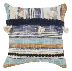 18 X 18 Blue and Beige Patchwork Cotton Zippered Pillow With Tassels