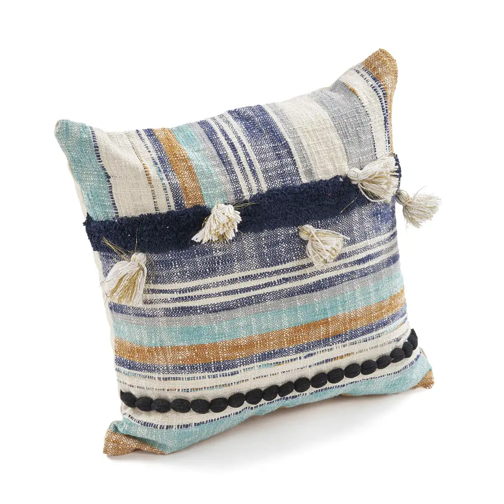 18 X 18 Blue and Beige Patchwork Cotton Zippered Pillow With Tassels