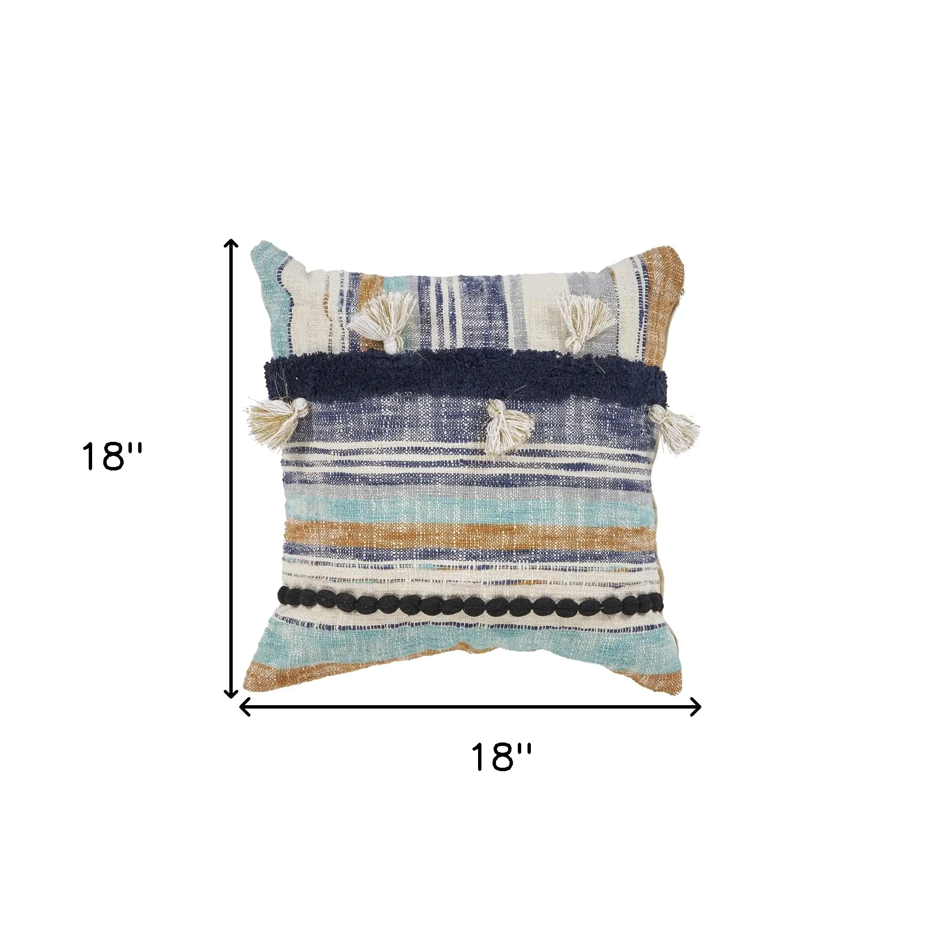 18 X 18 Blue and Beige Patchwork Cotton Zippered Pillow With Tassels