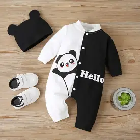 2 Pcs Cotton Panda  Patchwork Romper+ Hat