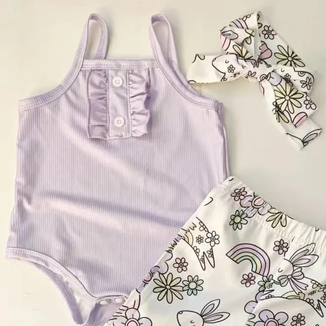 2 Pieces Set Baby Girls Easter Solid Color Tank Tops Flower And Cartoon Pants Wholesale 24030169