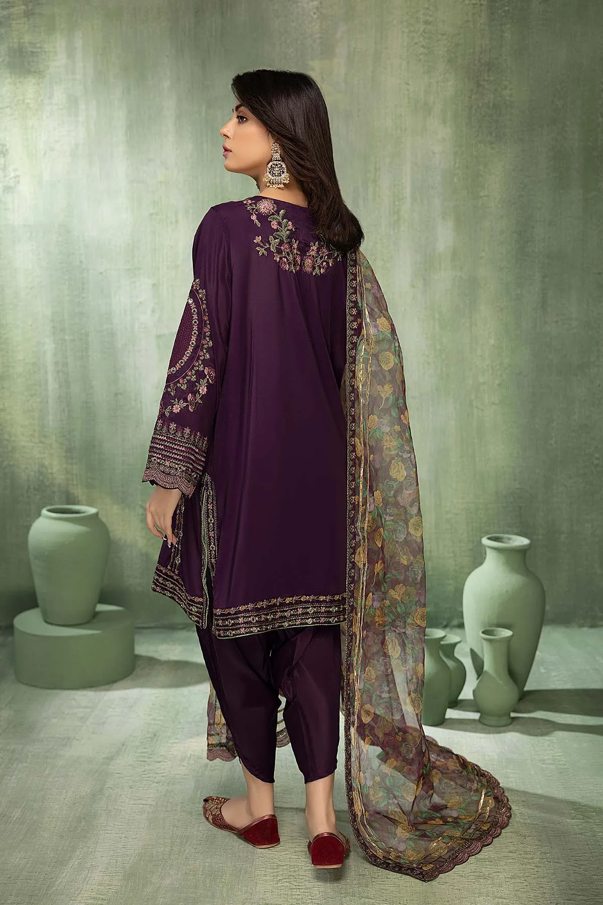 3-Pc Embroidered Raw Silk Shirt With Organza Dupatta and Tulip Shalwar CMA22-19-S