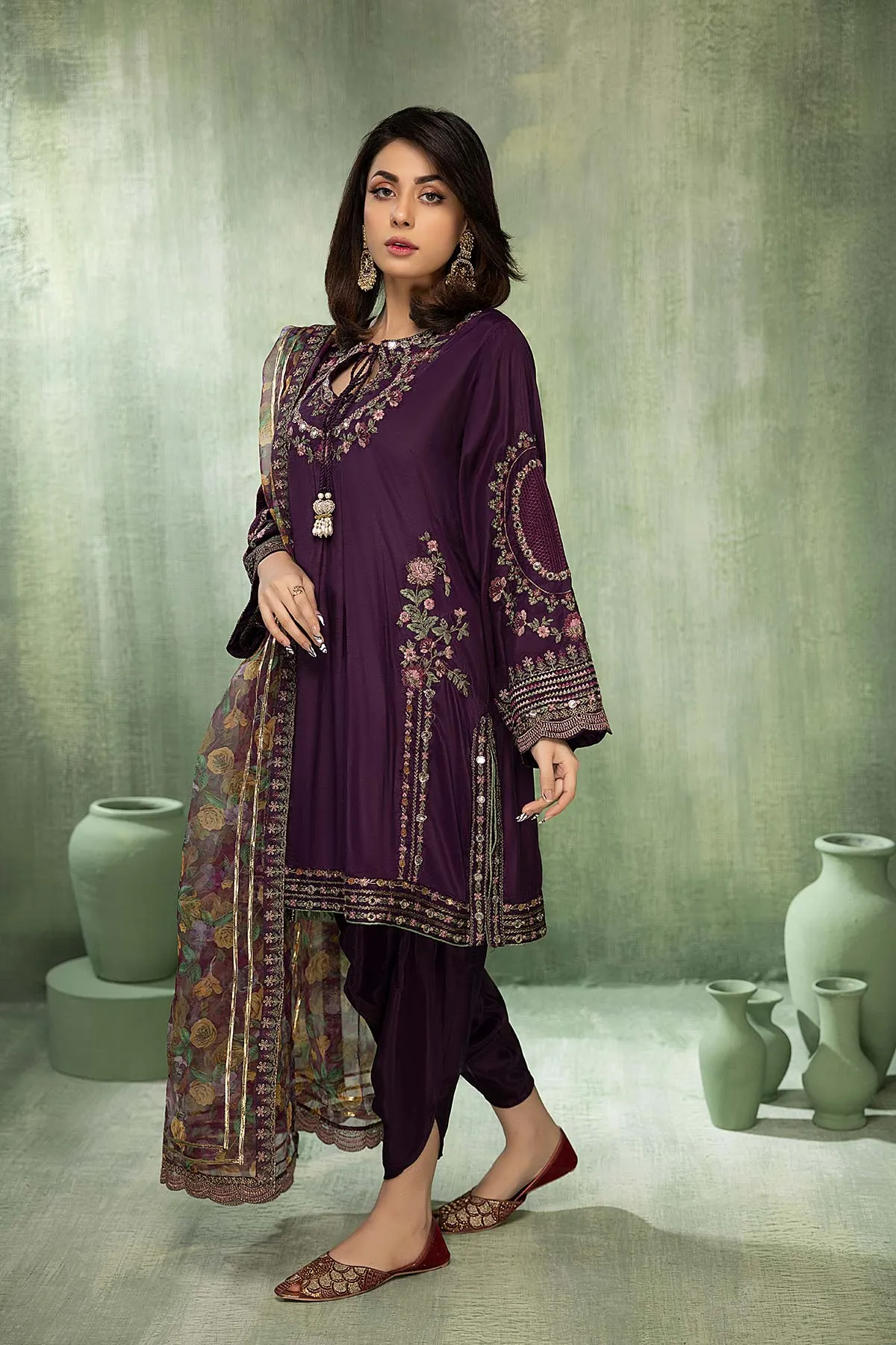 3-Pc Embroidered Raw Silk Shirt With Organza Dupatta and Tulip Shalwar CMA22-19-S