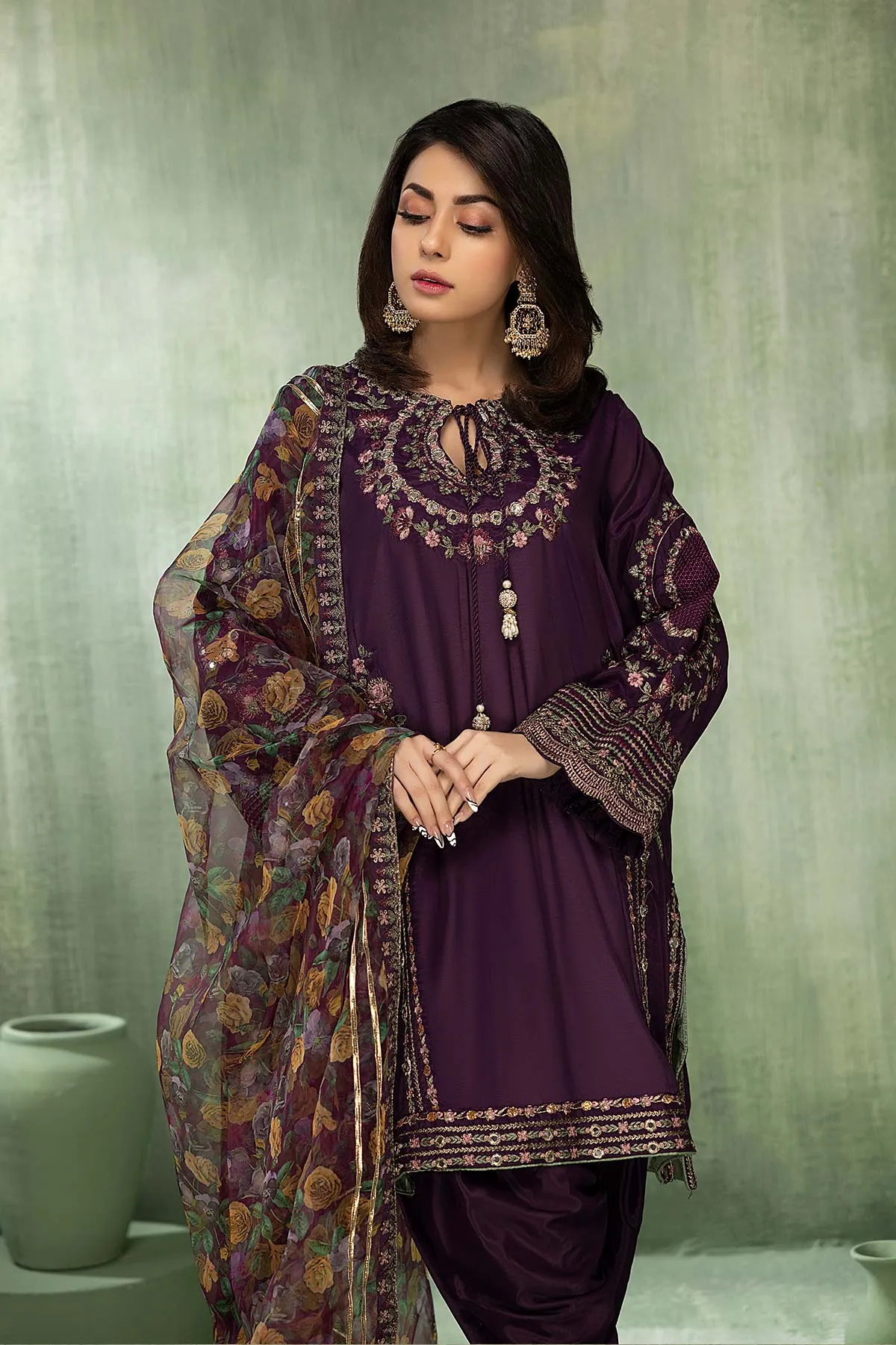 3-Pc Embroidered Raw Silk Shirt With Organza Dupatta and Tulip Shalwar CMA22-19-S