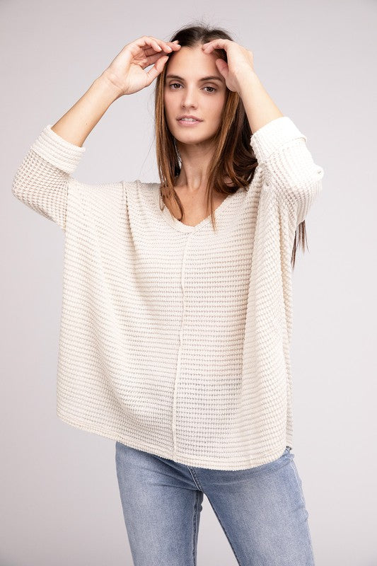 3/4 Sleeve V-Neck Hi-Low Hem Jacquard Sweater