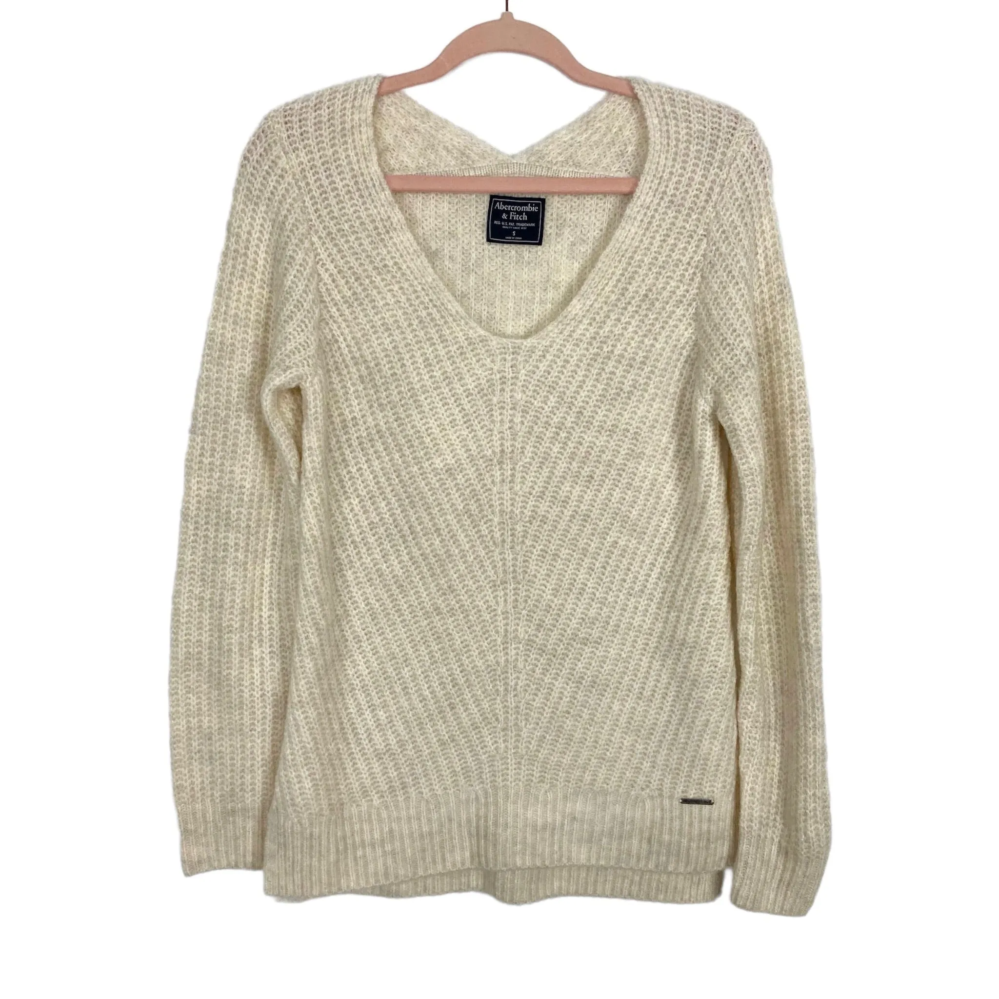 Abercrombie & Fitch Beige/Gray Open Knit V-Neck Sweater- Size S