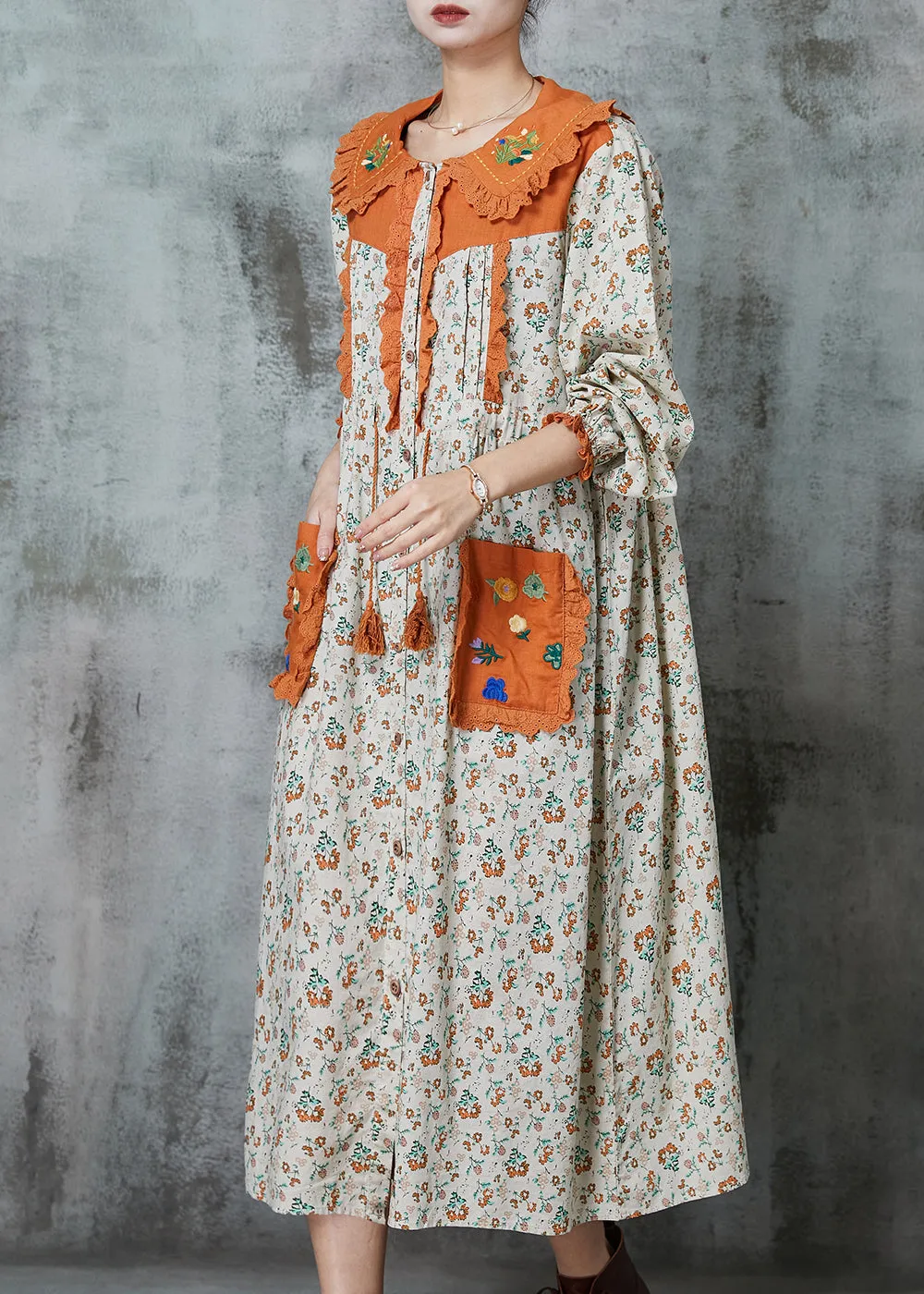 Art Apricot Embroidered Patchwork Linen Robe Dresses Spring