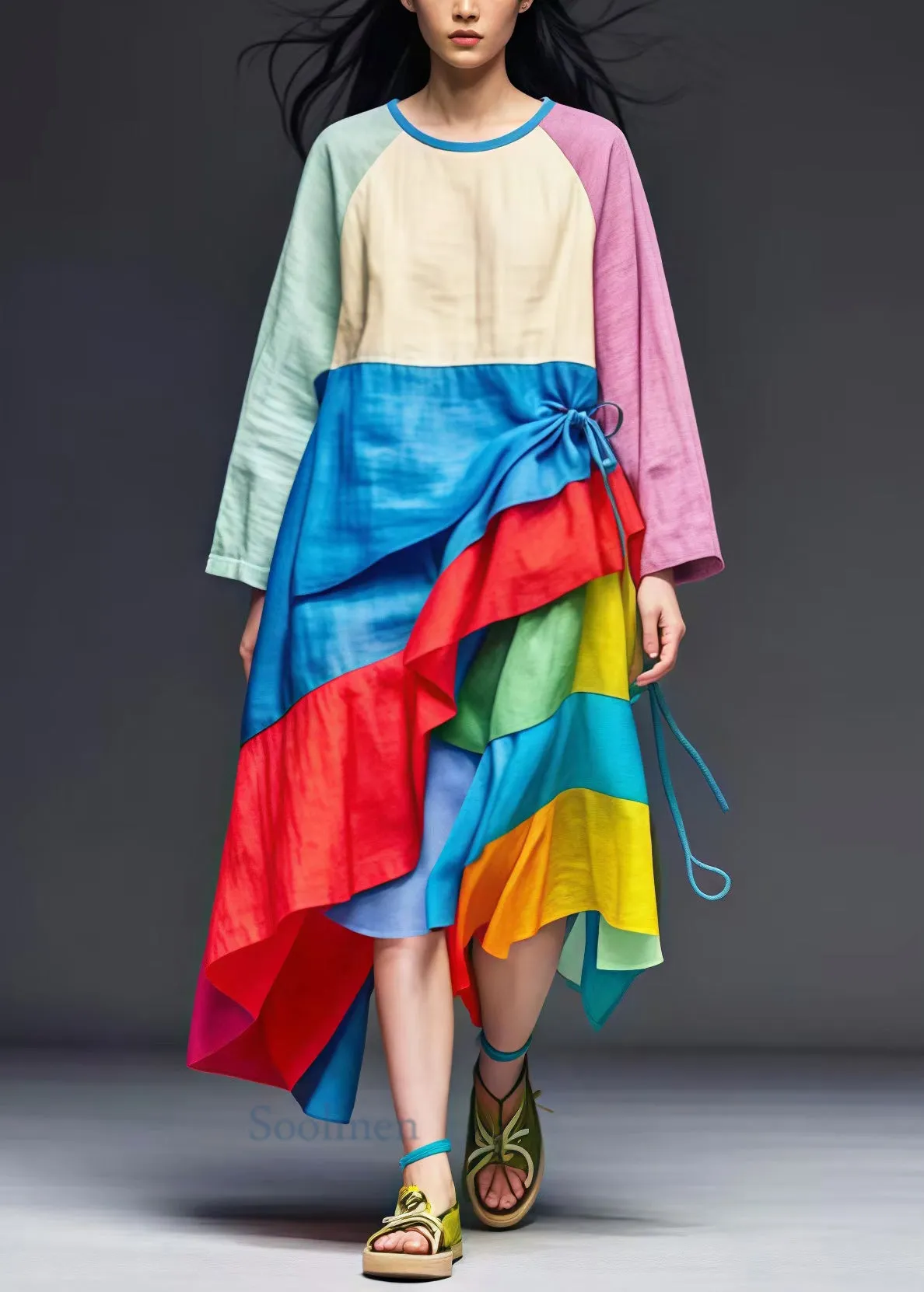 Art Colorblock Asymmetrical Patchwork Cotton Dresses Spring