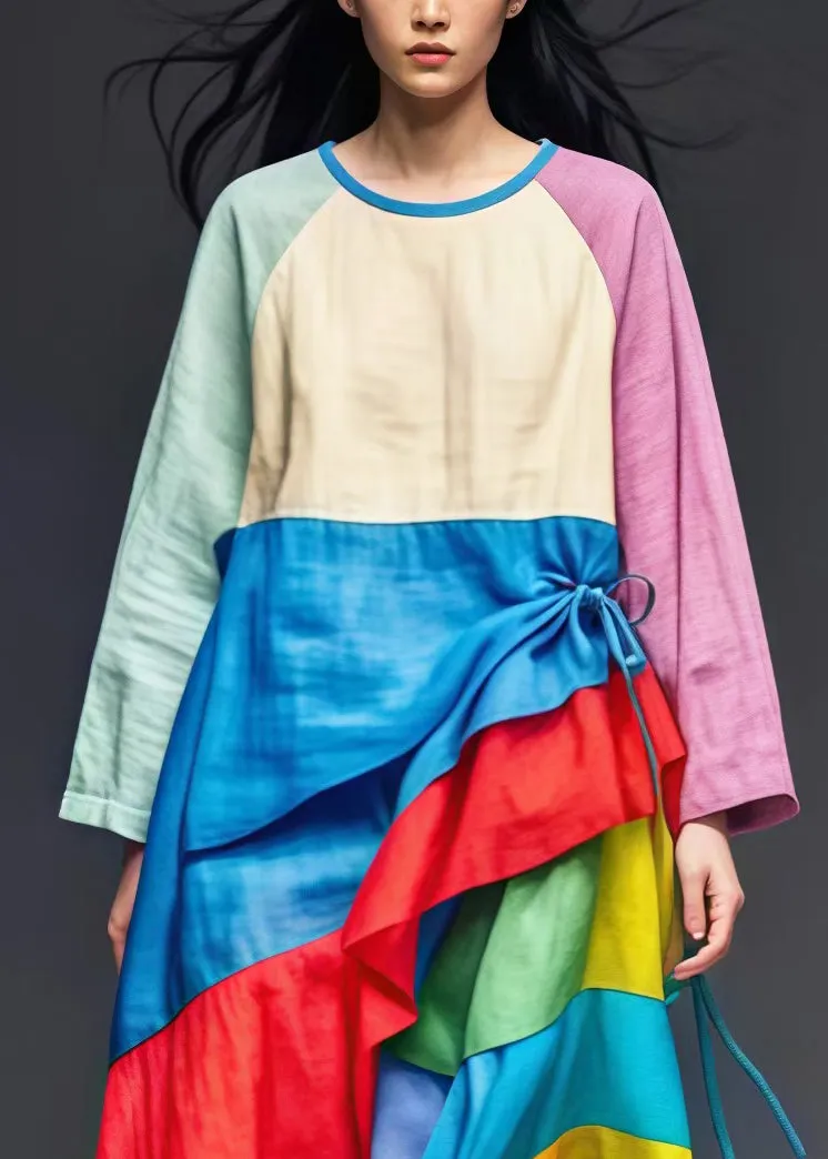 Art Colorblock Asymmetrical Patchwork Cotton Dresses Spring