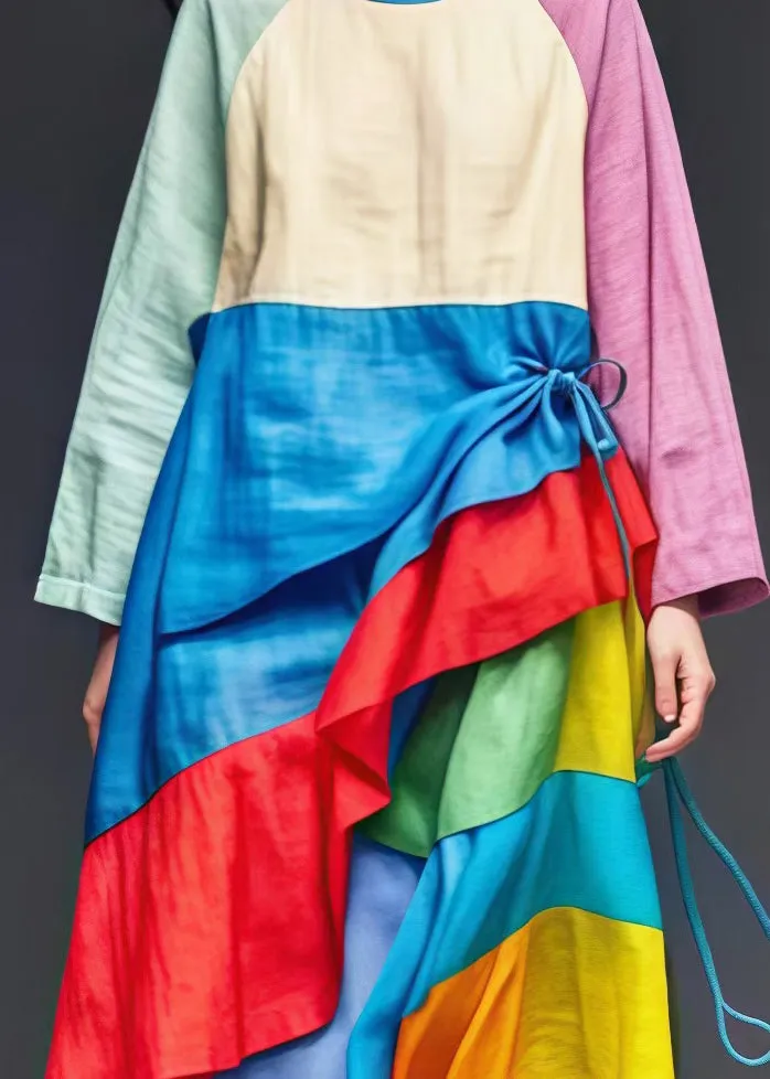 Art Colorblock Asymmetrical Patchwork Cotton Dresses Spring