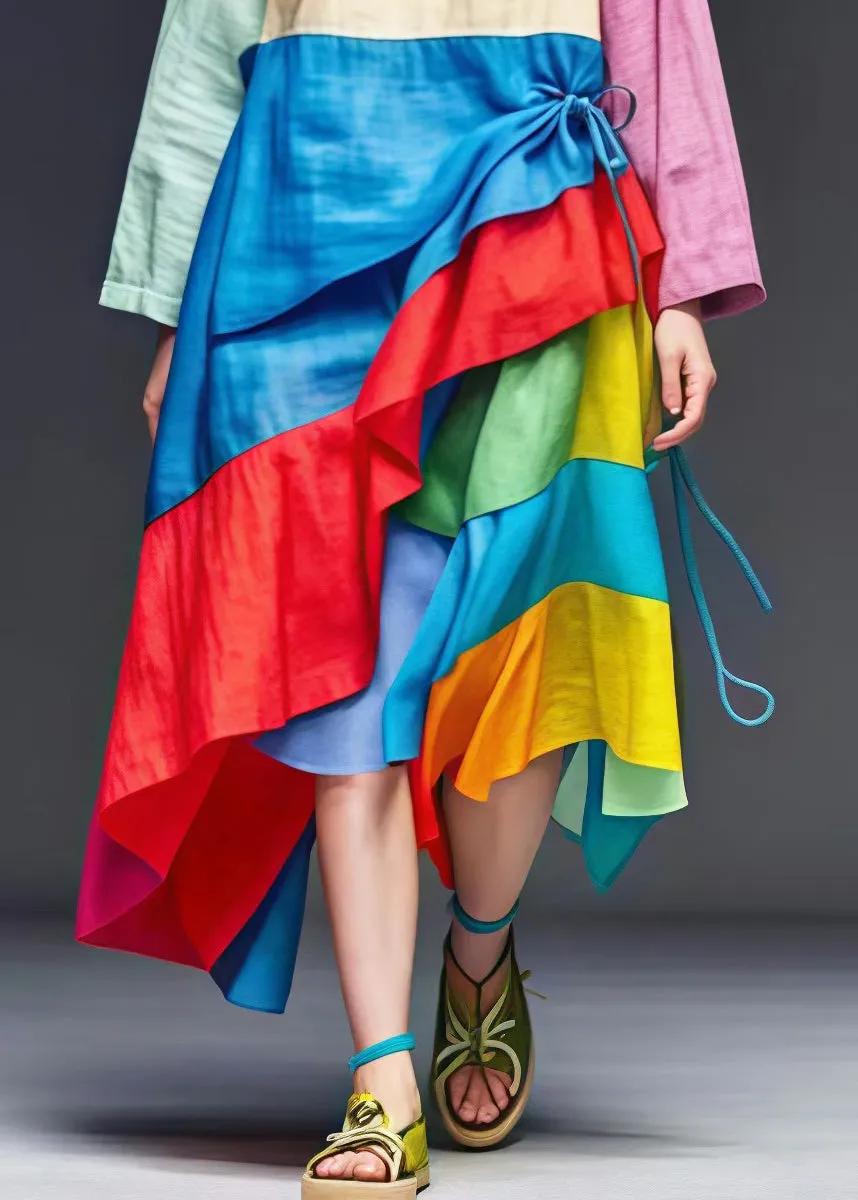 Art Colorblock Asymmetrical Patchwork Cotton Dresses Spring