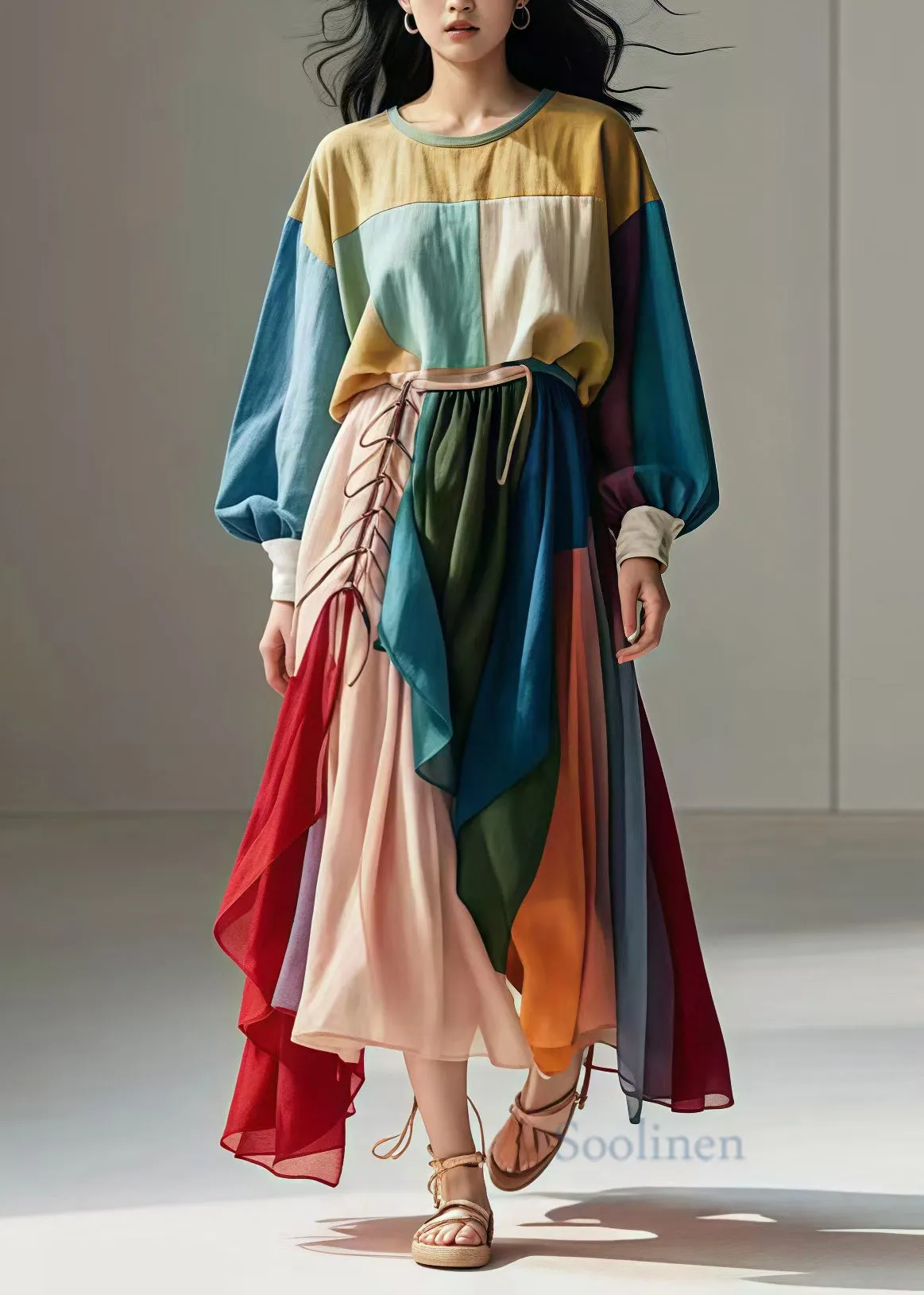 Art Colorblock Asymmetrical Patchwork Cotton Robe Dresses Spring