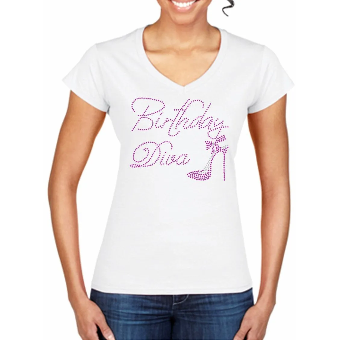 Birthday Diva Rhinestone White V-Neck T-Shirt-CO