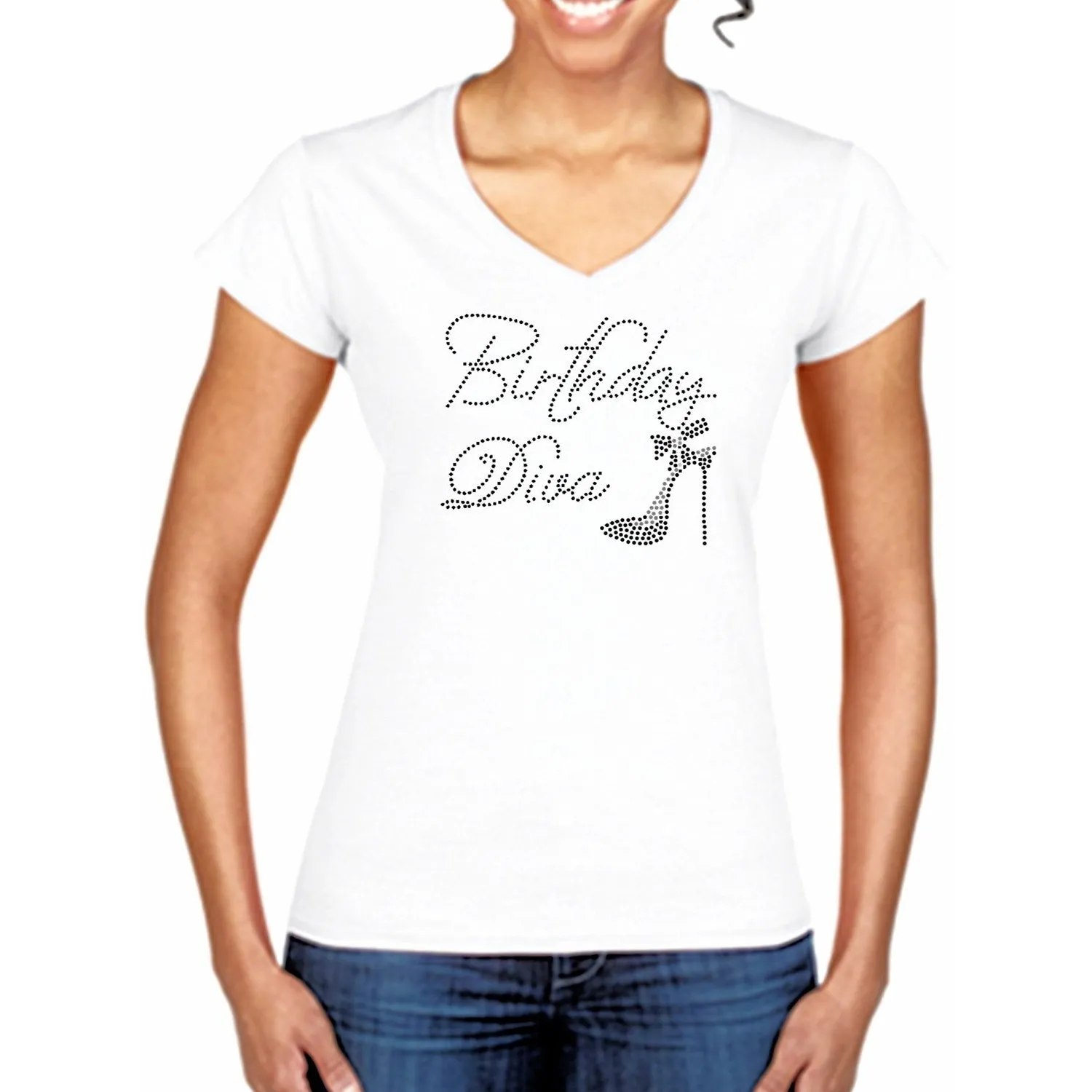 Birthday Diva Rhinestone White V-Neck T-Shirt-CO