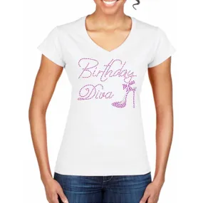 Birthday Diva Rhinestone White V-Neck T-Shirt-CO