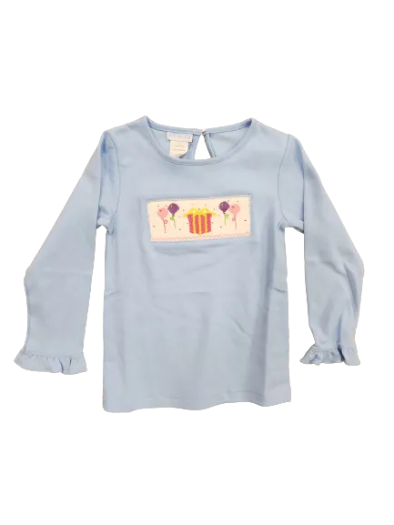 Birthday Smocked Light Blue Knit Ruffle Long Sleeve Shirt