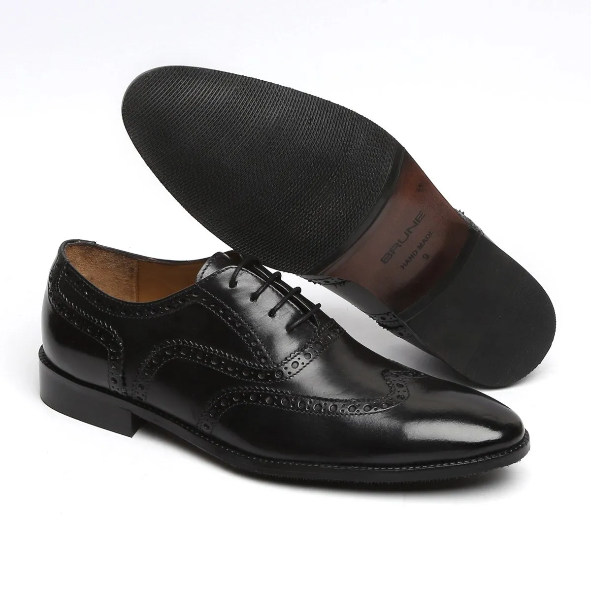 Black Full Wingtip Brogue Oxfords Leather Lace-Up Shoe BY Brune & Bareskin