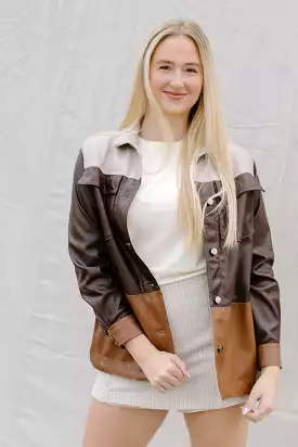 Brown Leather Colorblock Shacket