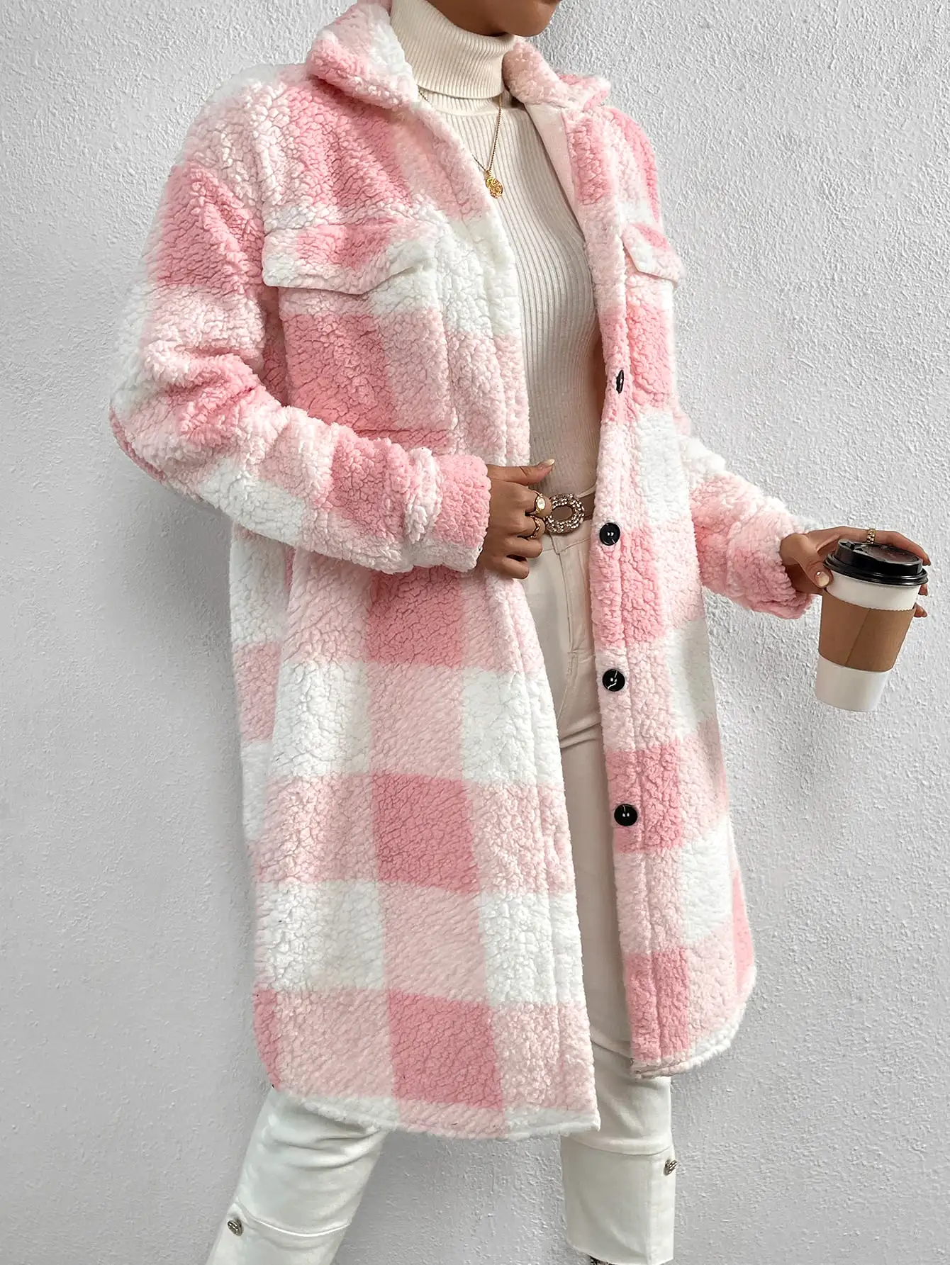 Buffalo Plaid Pattern Flap Pocket Drop Shoulder Teddy Coat