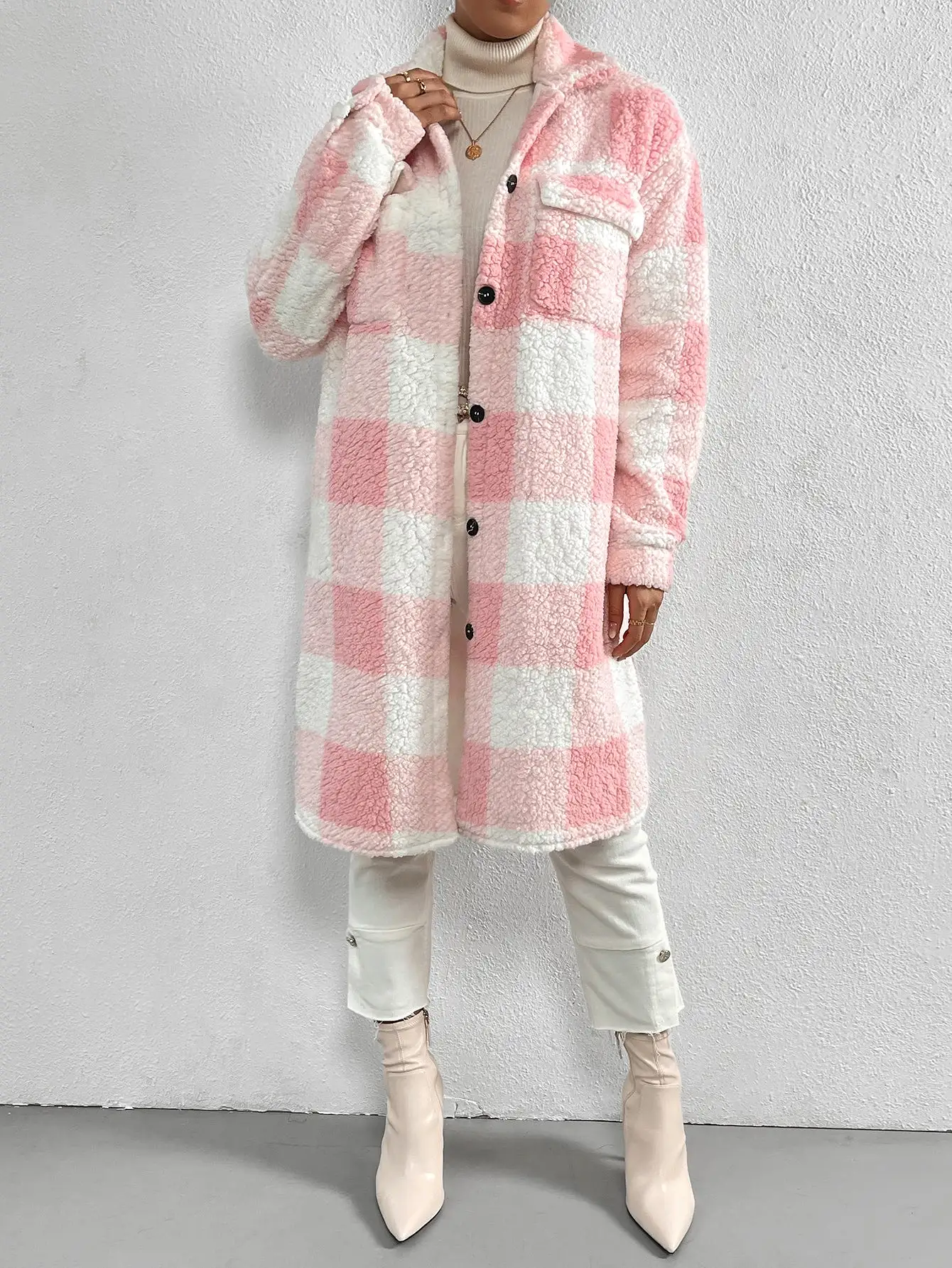 Buffalo Plaid Pattern Flap Pocket Drop Shoulder Teddy Coat