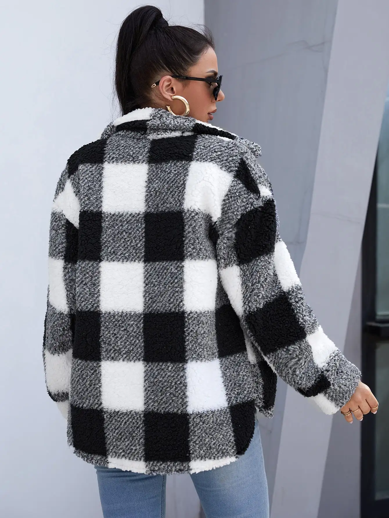 Buffalo Plaid Print Flap Pocket Teddy Coat