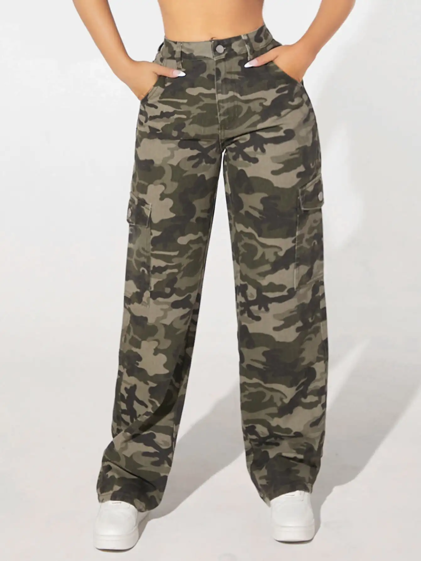 Camo Print Flap Pocket Cargo Jeans