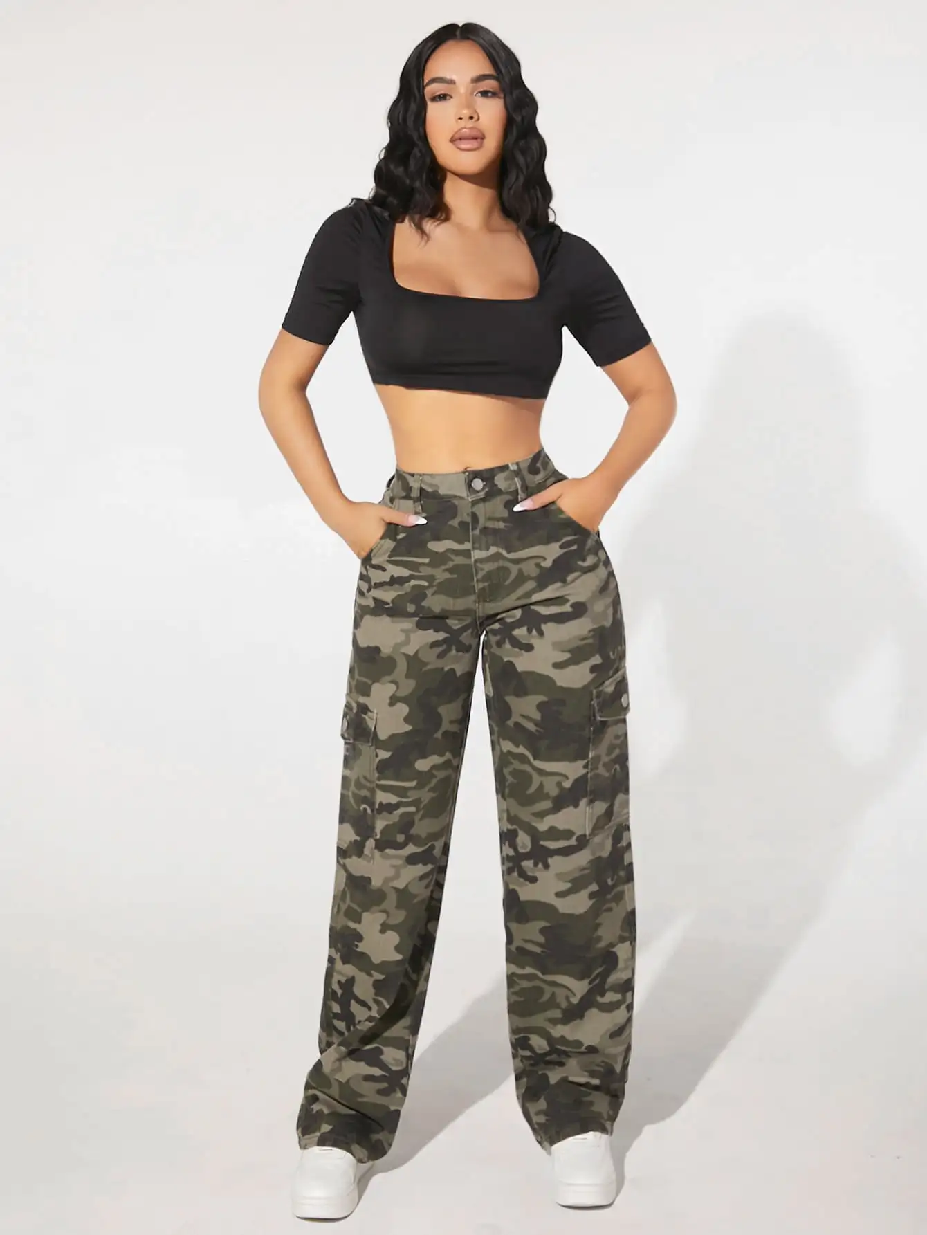 Camo Print Flap Pocket Cargo Jeans