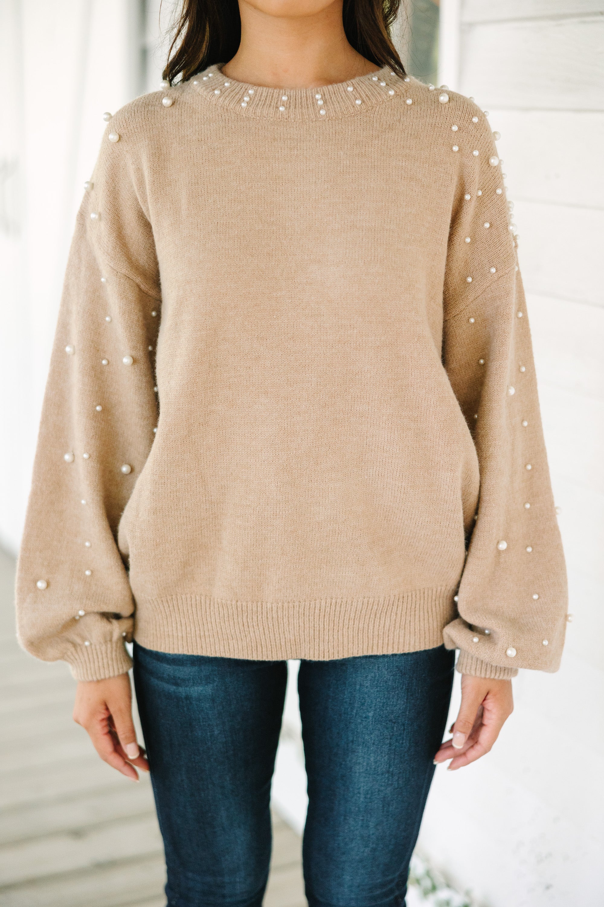 Can't Help But Love Latte Brown Pearl Studded Sweater