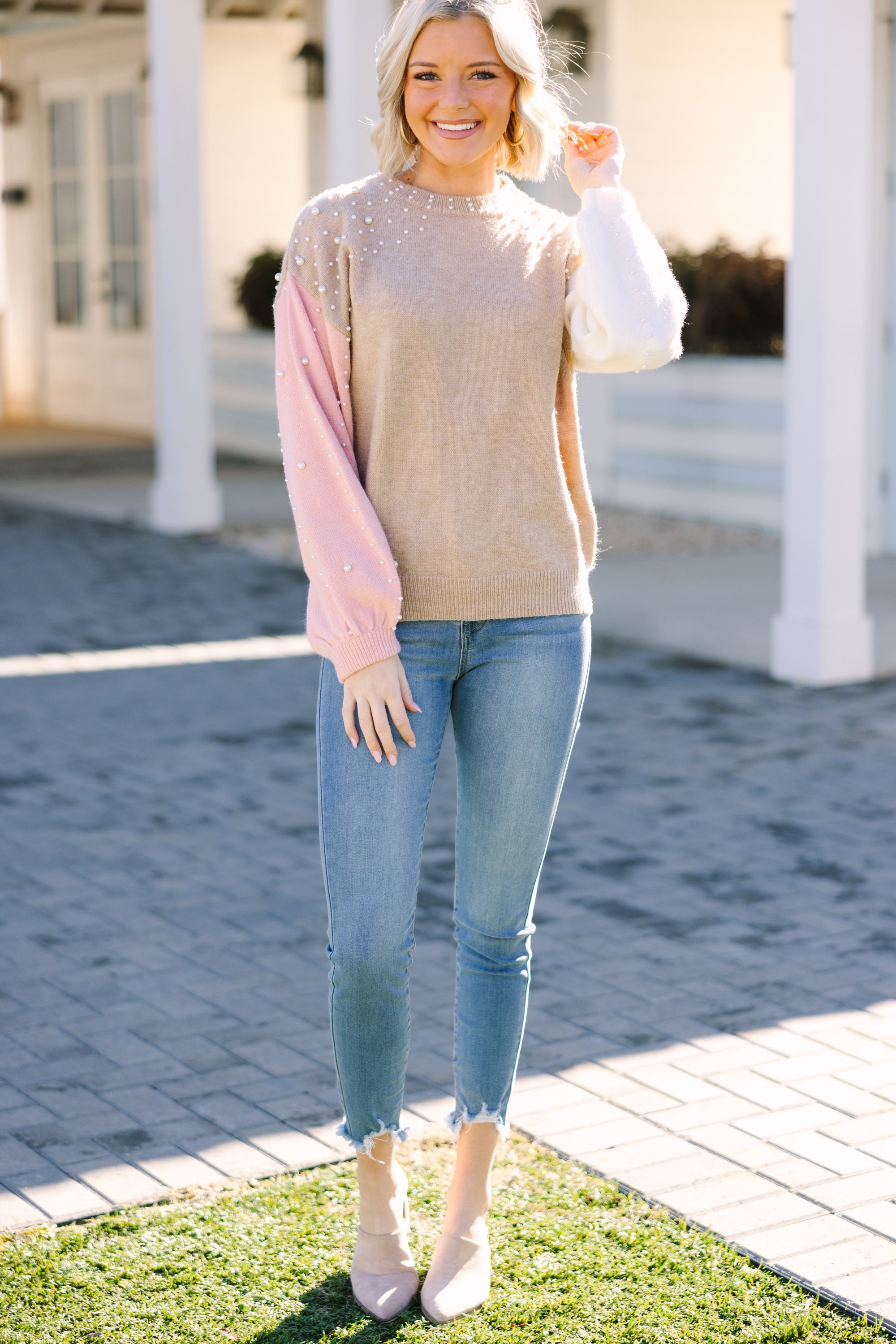 Can't Help But Love Taupe Colorblock Embellished Sweater