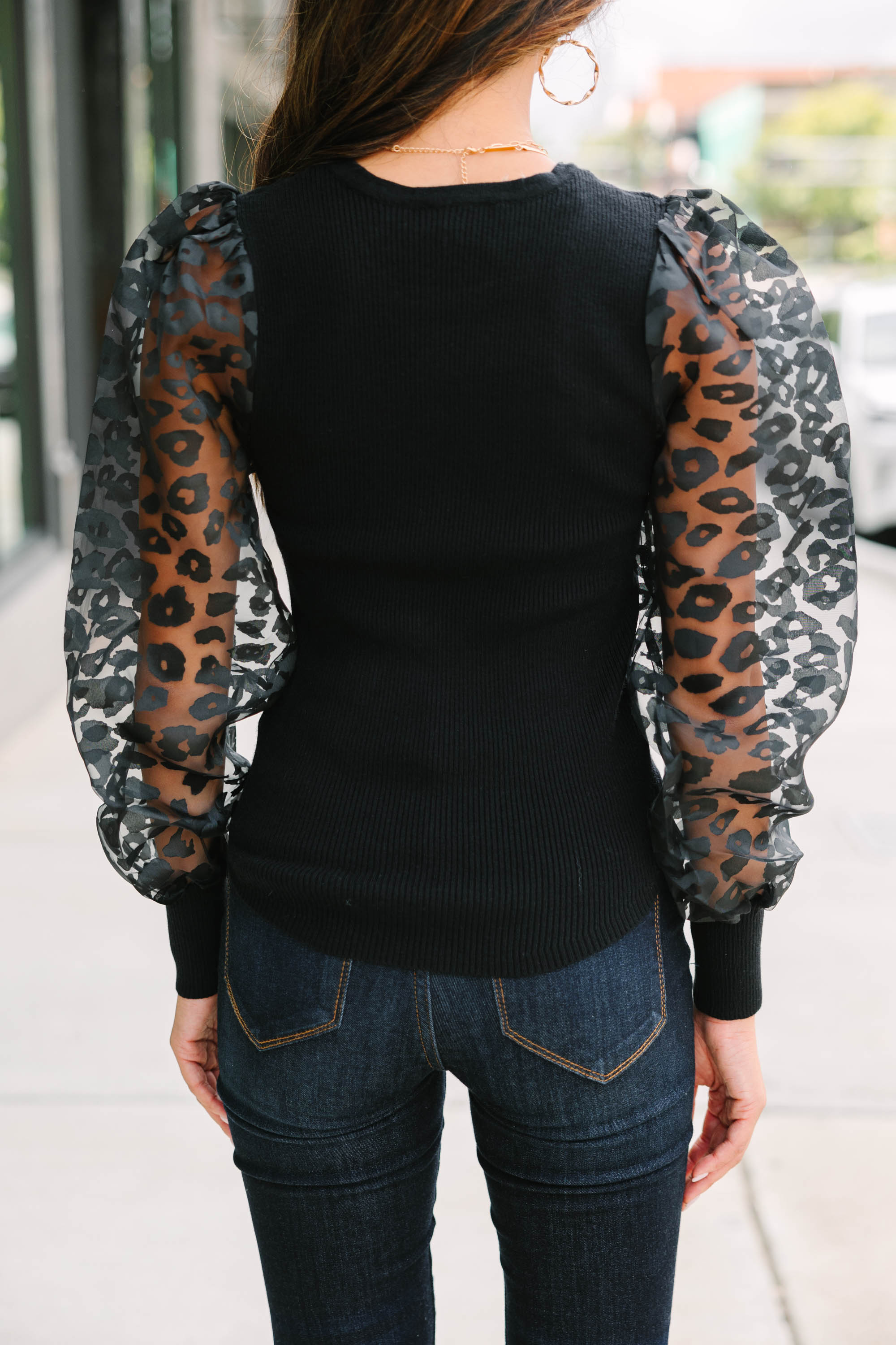 Can't Leave You Now Black Leopard Sleeve Blouse