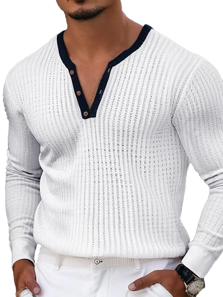 Casual Contrast Color Henley Sweater