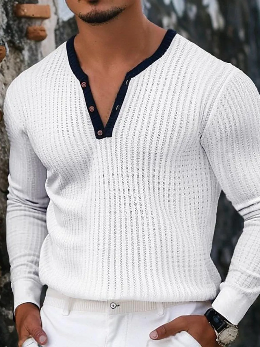 Casual Contrast Color Henley Sweater