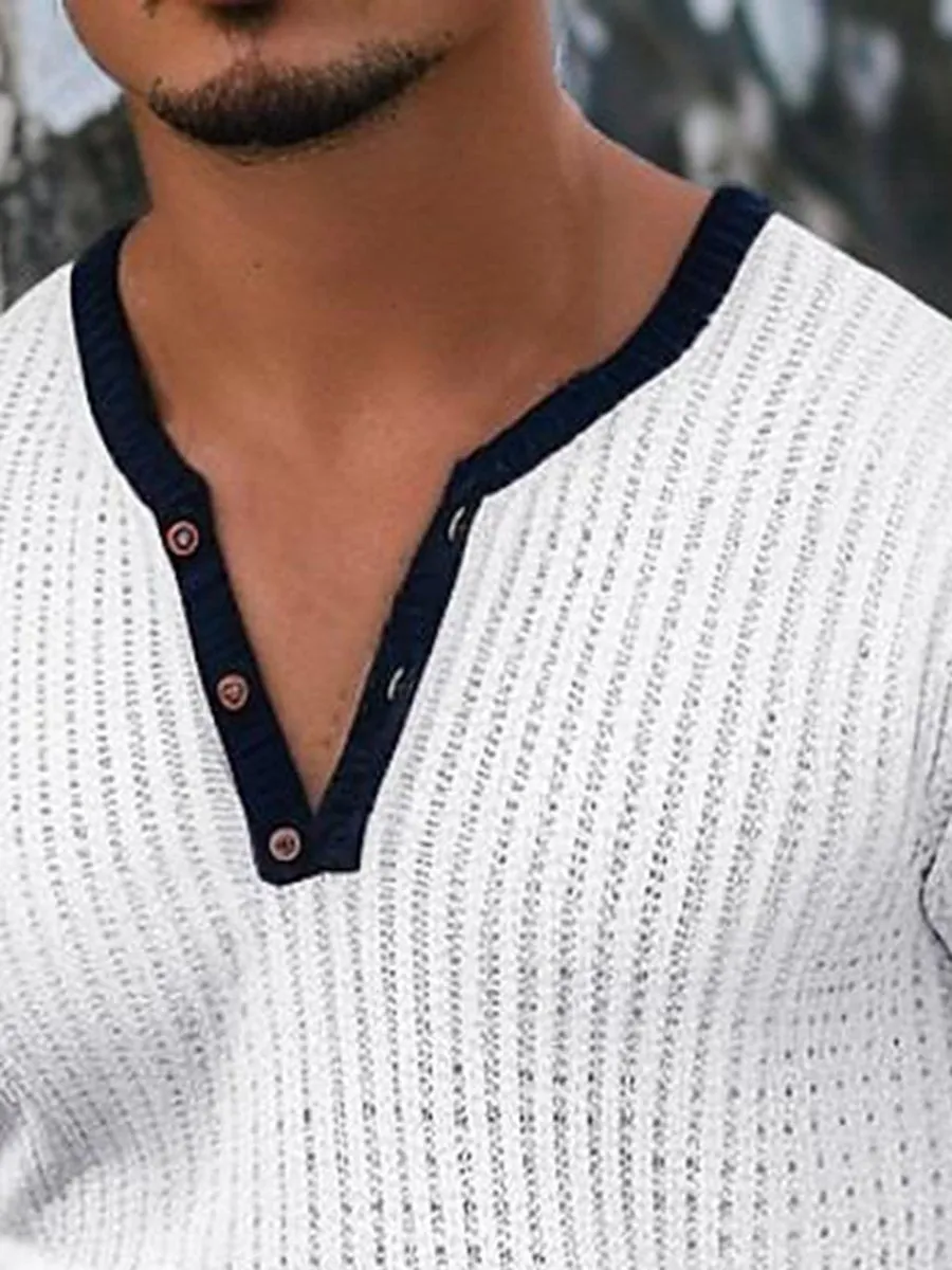 Casual Contrast Color Henley Sweater