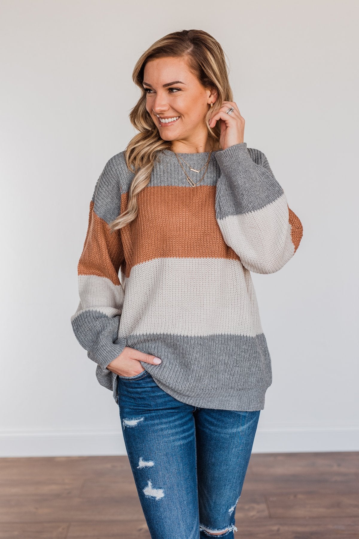 Chance To Change Knit Color Block Sweater- Grey & Camel