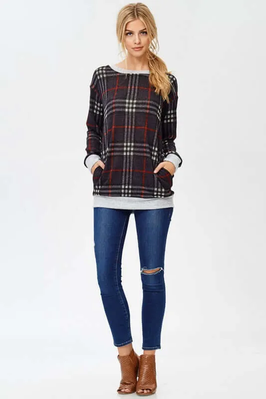 Charcoal and Red Plaid Top