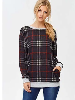 Charcoal and Red Plaid Top