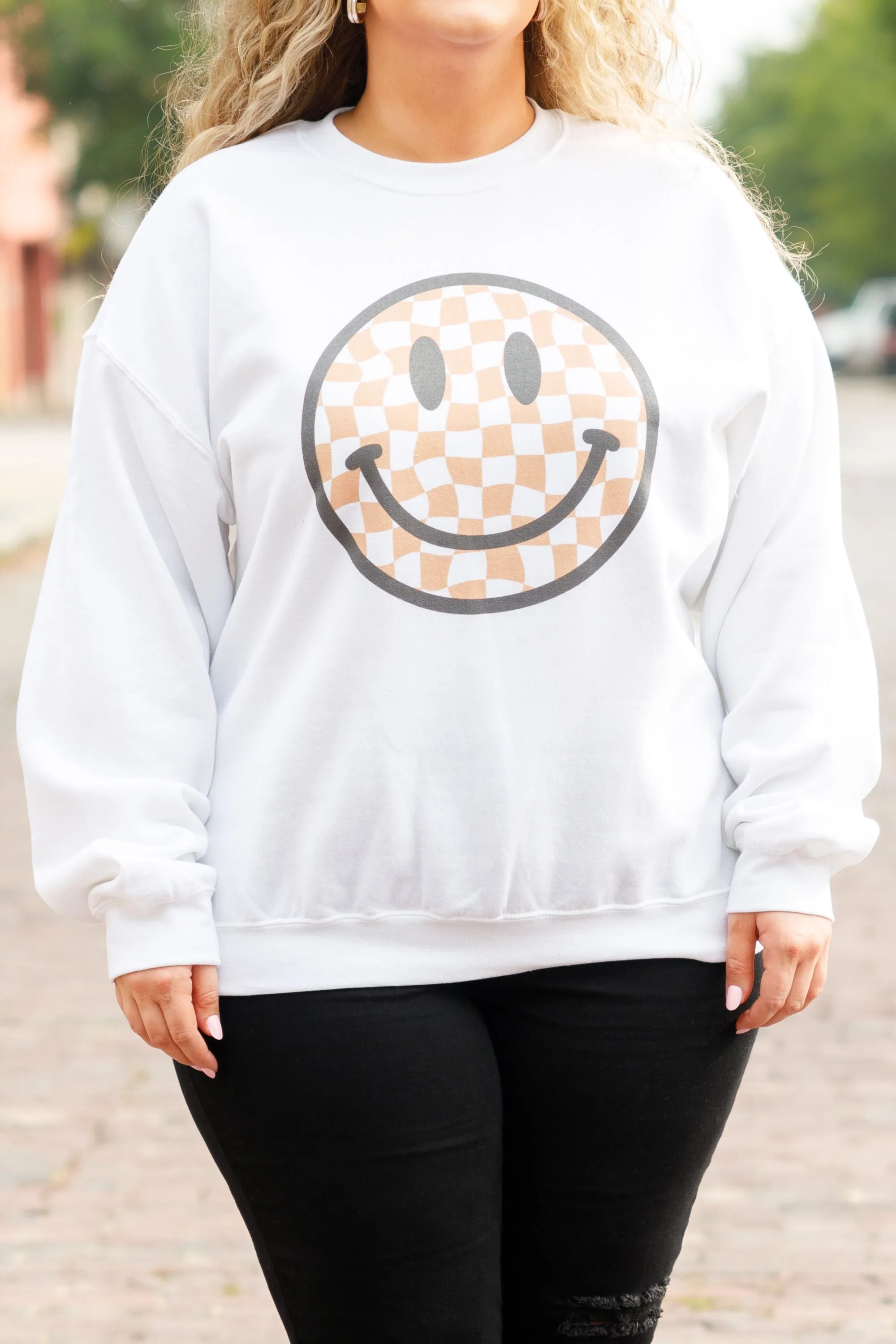 Checkered Smiley Sweatshirt, White