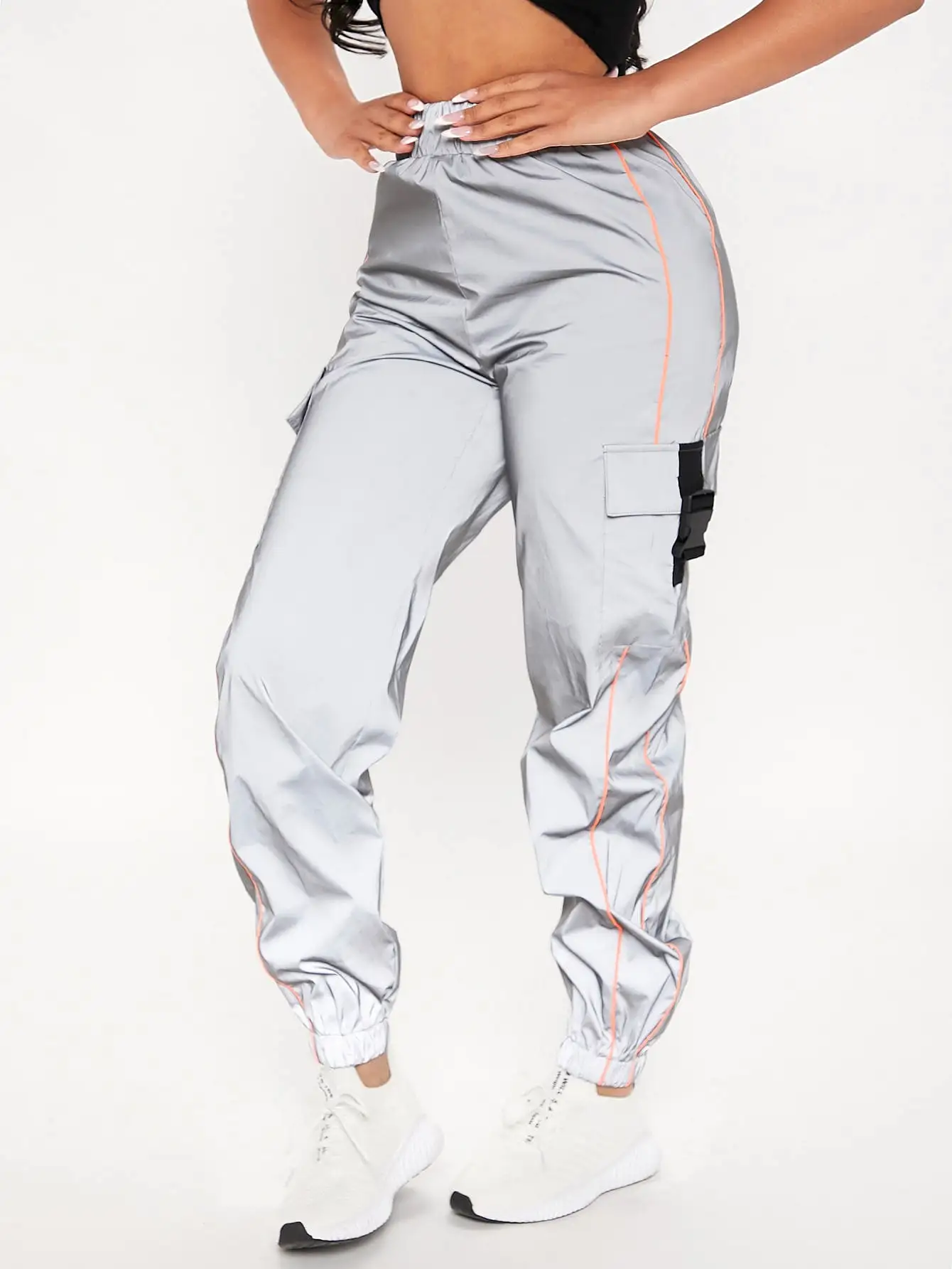 Contrast Piping Flap Pocket Buckle Cargo Pants