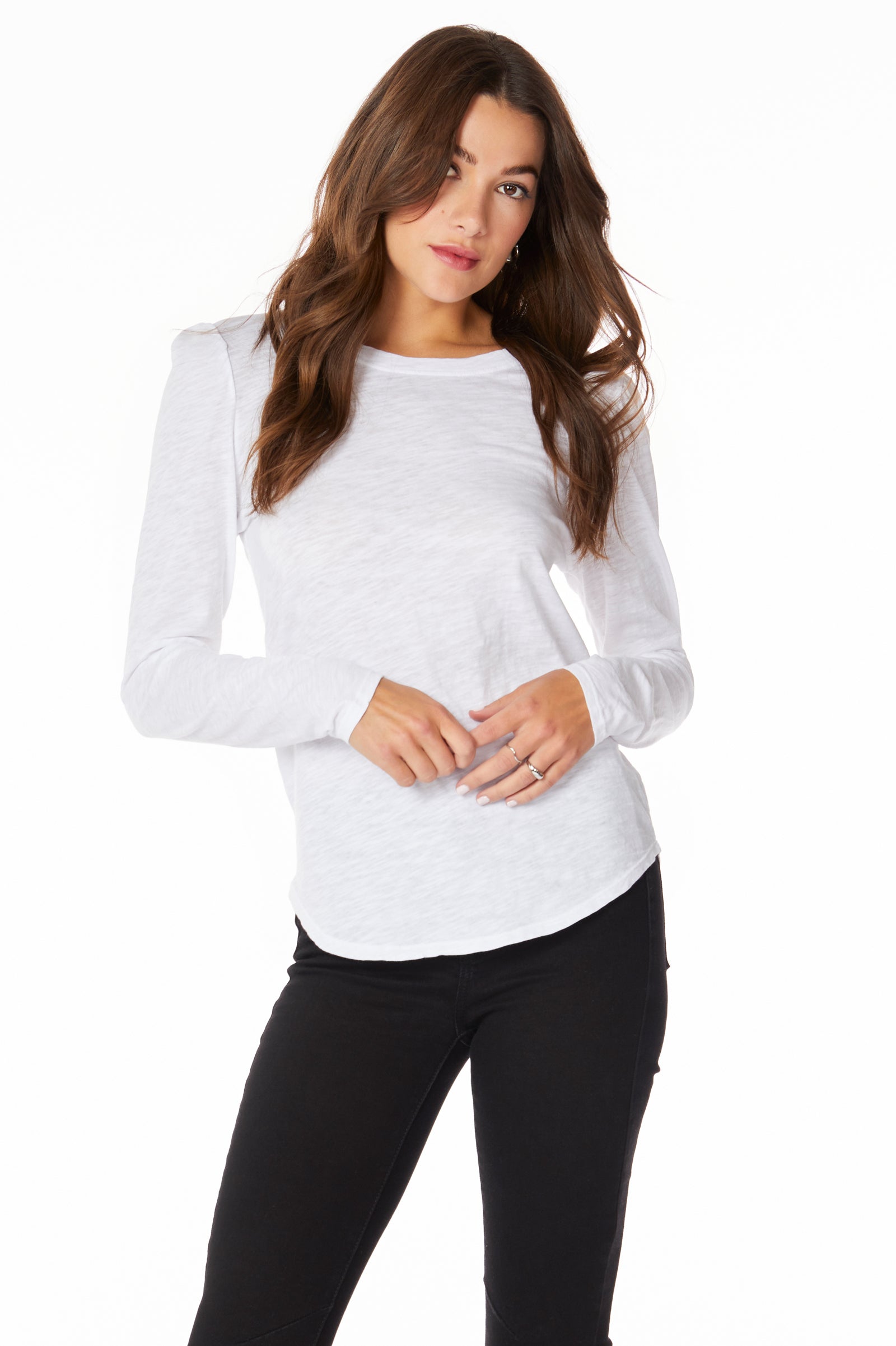 CREWNECK TEE WITH SHIRRED SHOULDER SEAM DETAILS