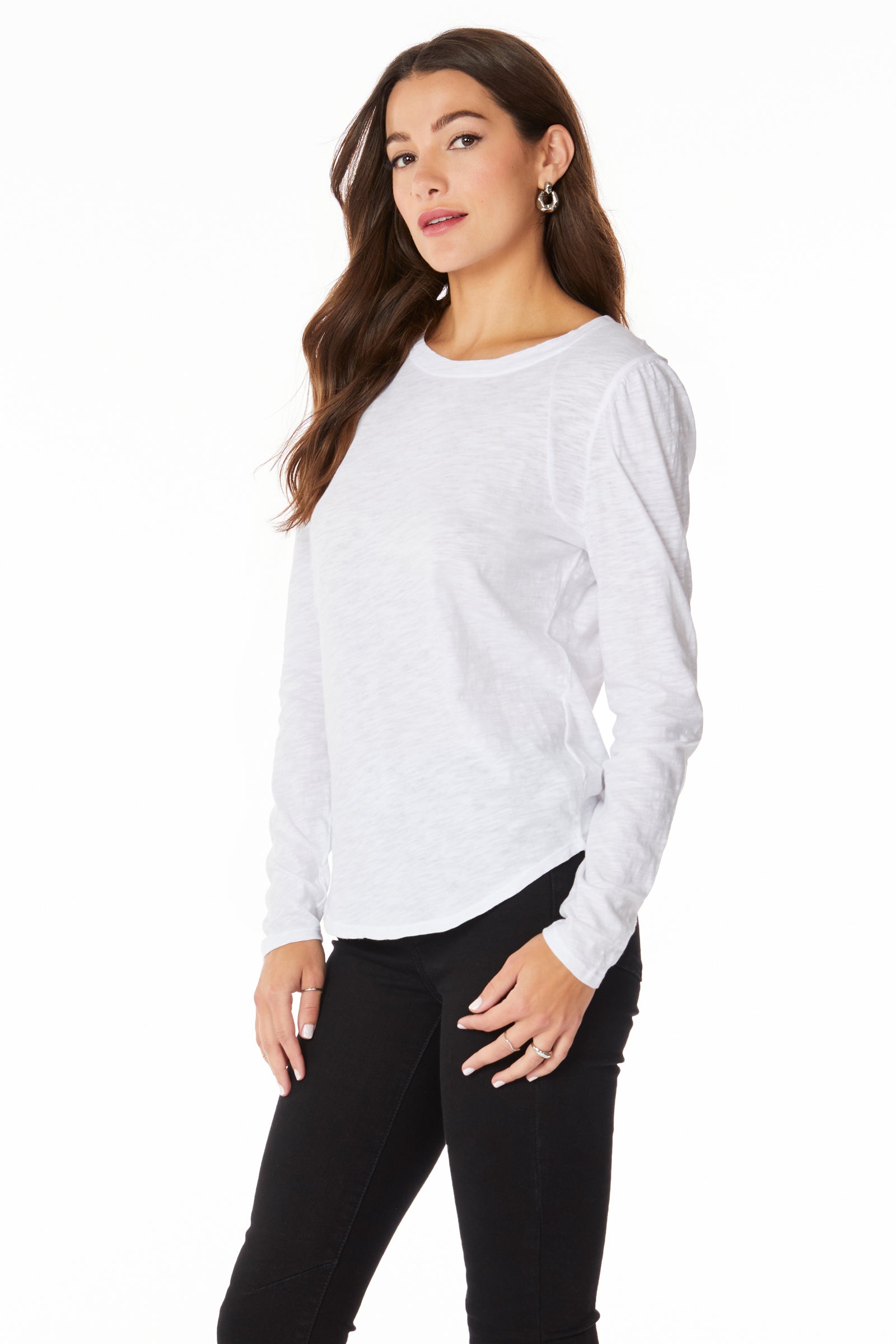 CREWNECK TEE WITH SHIRRED SHOULDER SEAM DETAILS