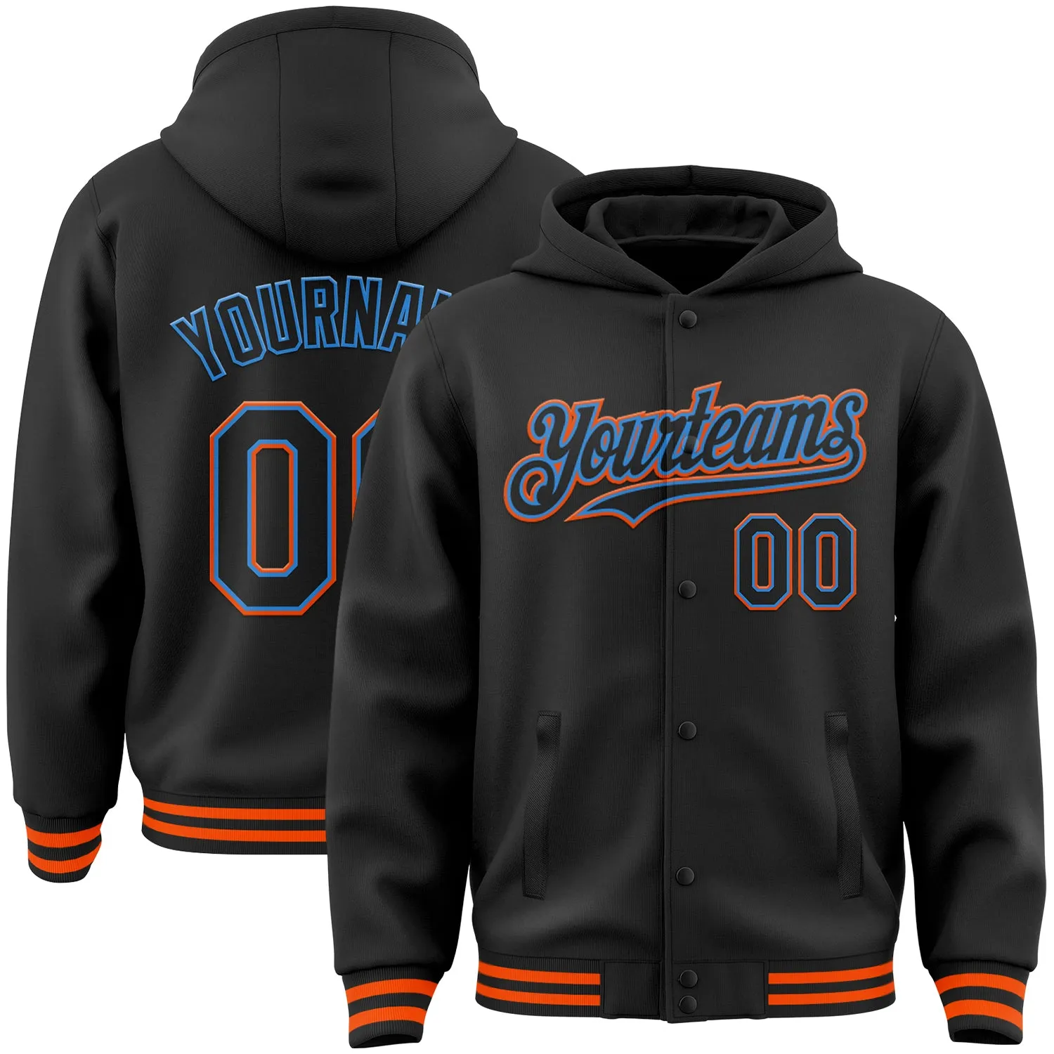 Custom Black Electric Blue-Orange Bomber Full-Snap Varsity Letterman Hoodie Jacket