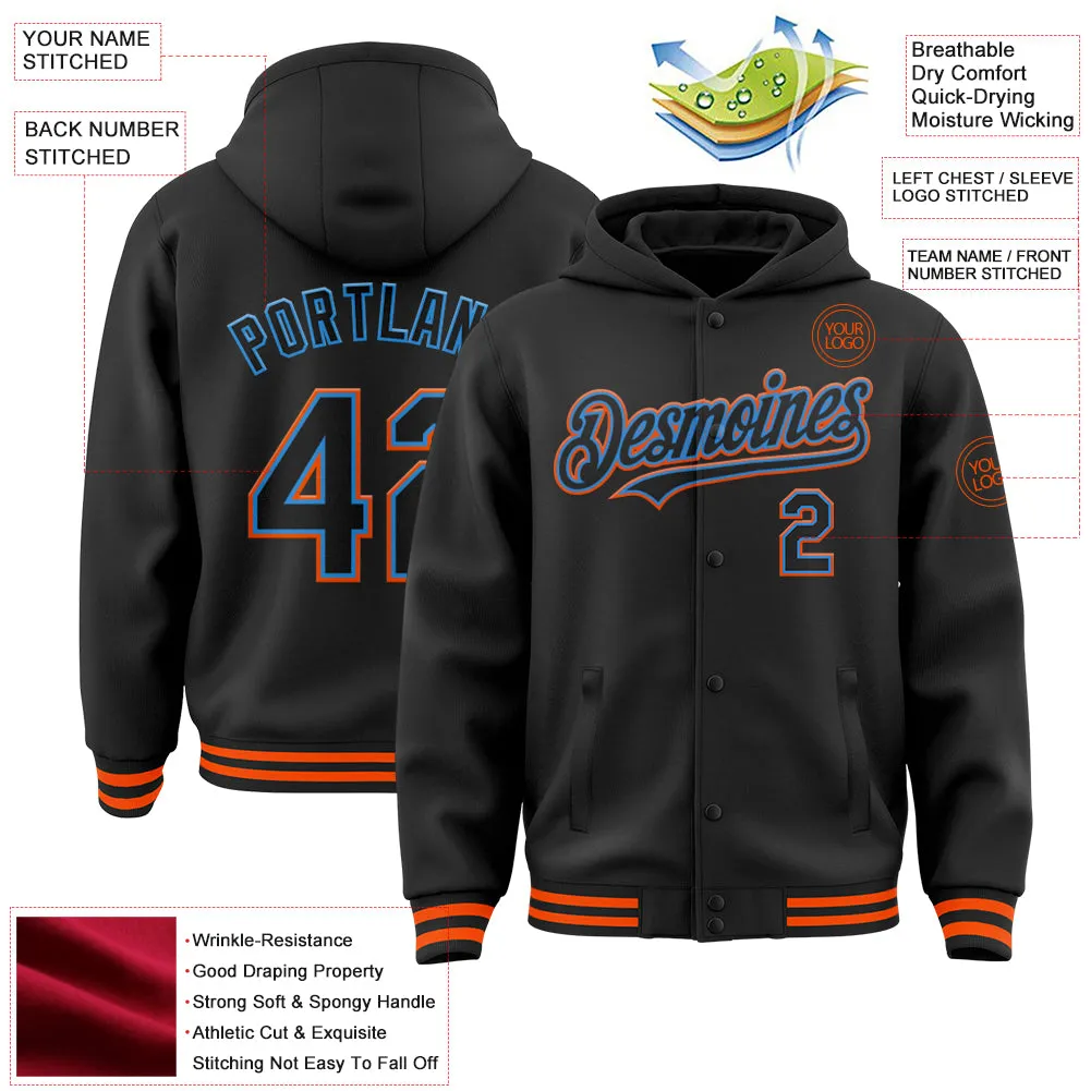 Custom Black Electric Blue-Orange Bomber Full-Snap Varsity Letterman Hoodie Jacket