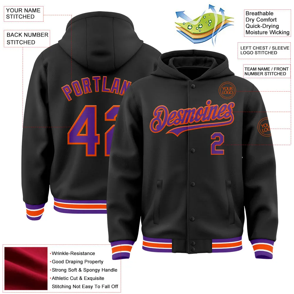 Custom Black Purple-Orange Bomber Full-Snap Varsity Letterman Hoodie Jacket