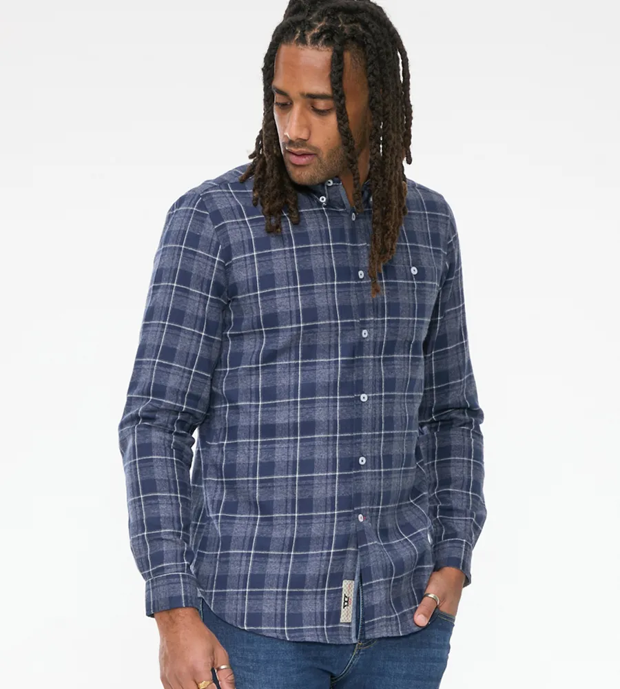 D555 Mens Long Sleeve Navy Check Shirt With Chest Pocket (SONNY)