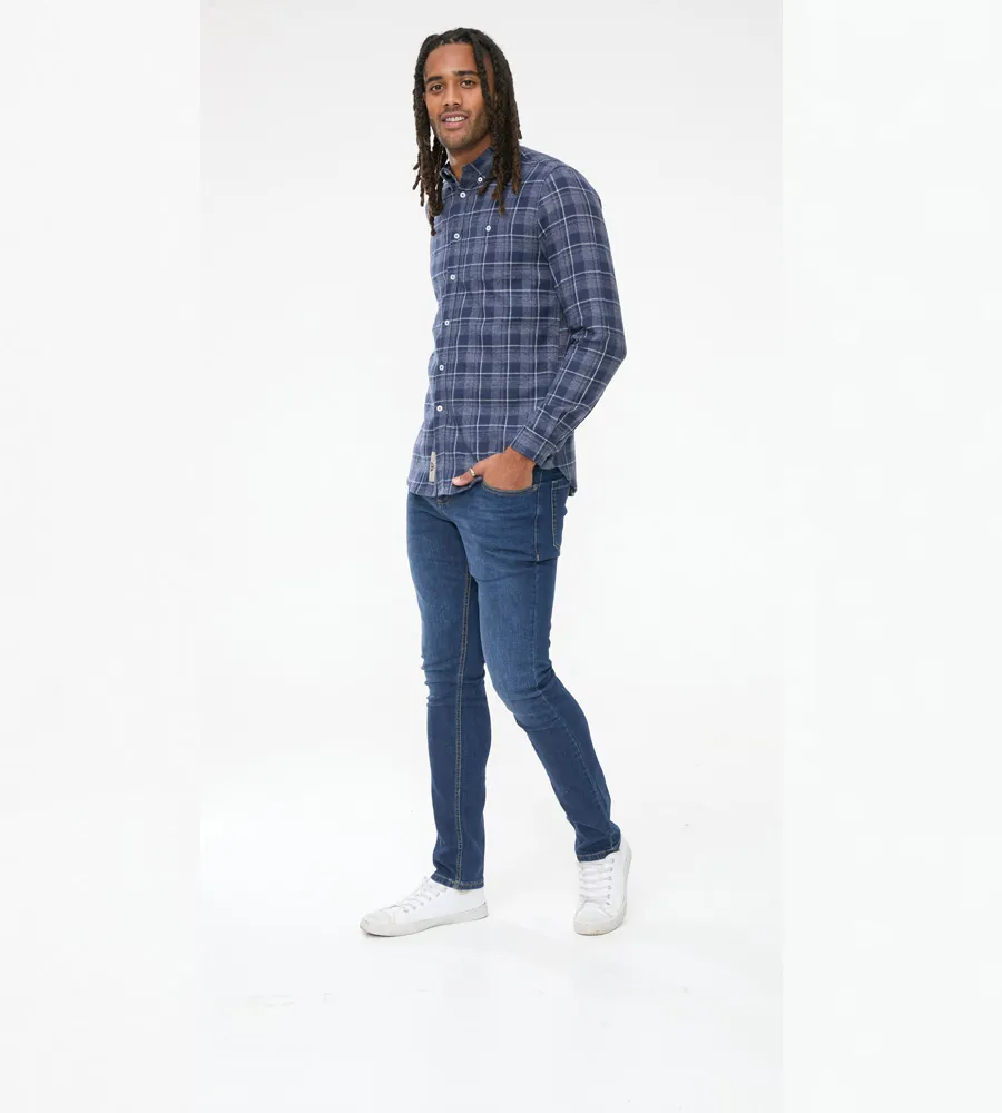 D555 Mens Long Sleeve Navy Check Shirt With Chest Pocket (SONNY)