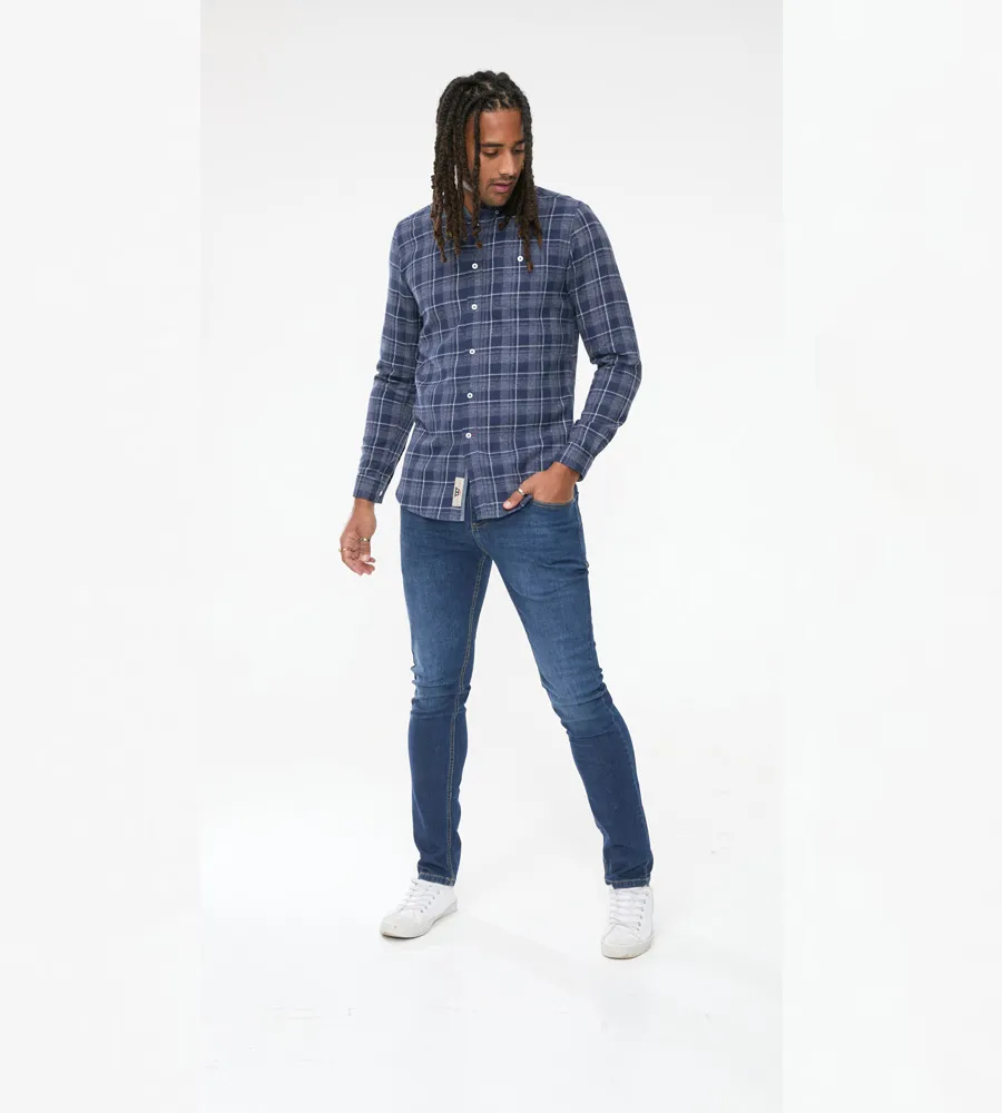 D555 Mens Long Sleeve Navy Check Shirt With Chest Pocket (SONNY)