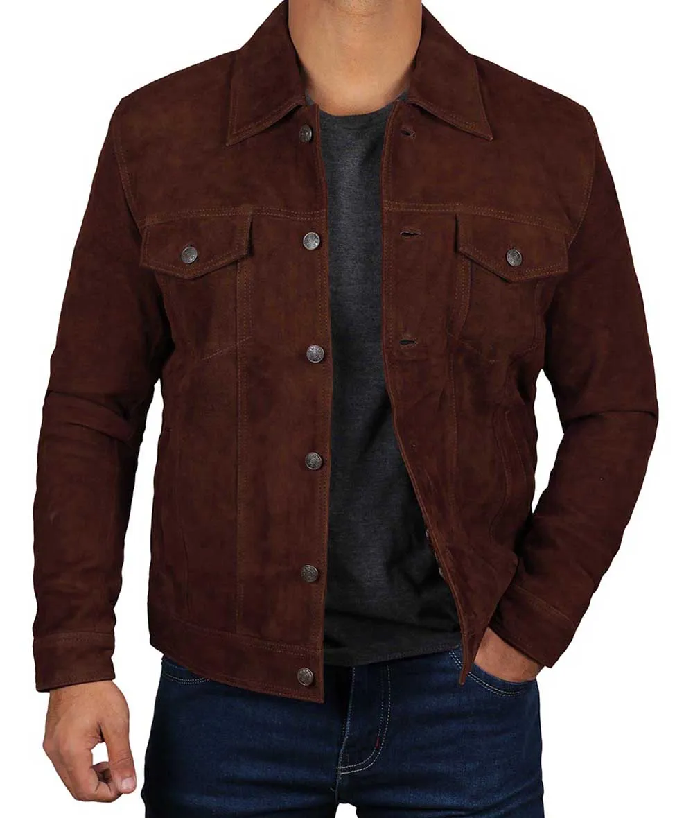 Dark Brown Trucker Suede Jacket for Men